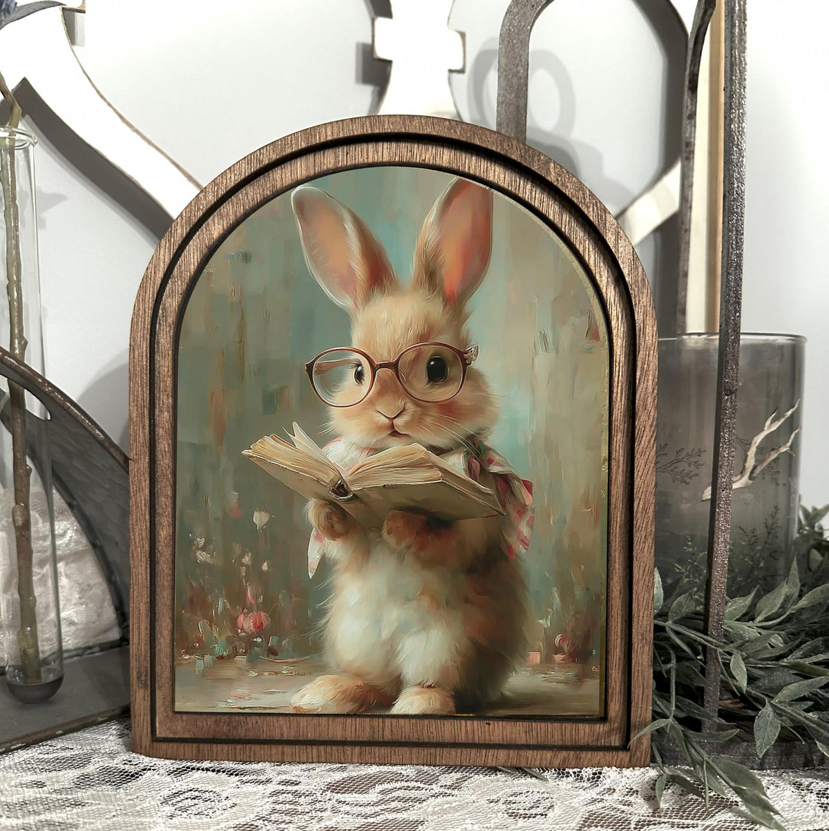 easter bunny arch wood framed home accent, Farmhouse shelf sitter, easter canvas art, Book lovers spring decor