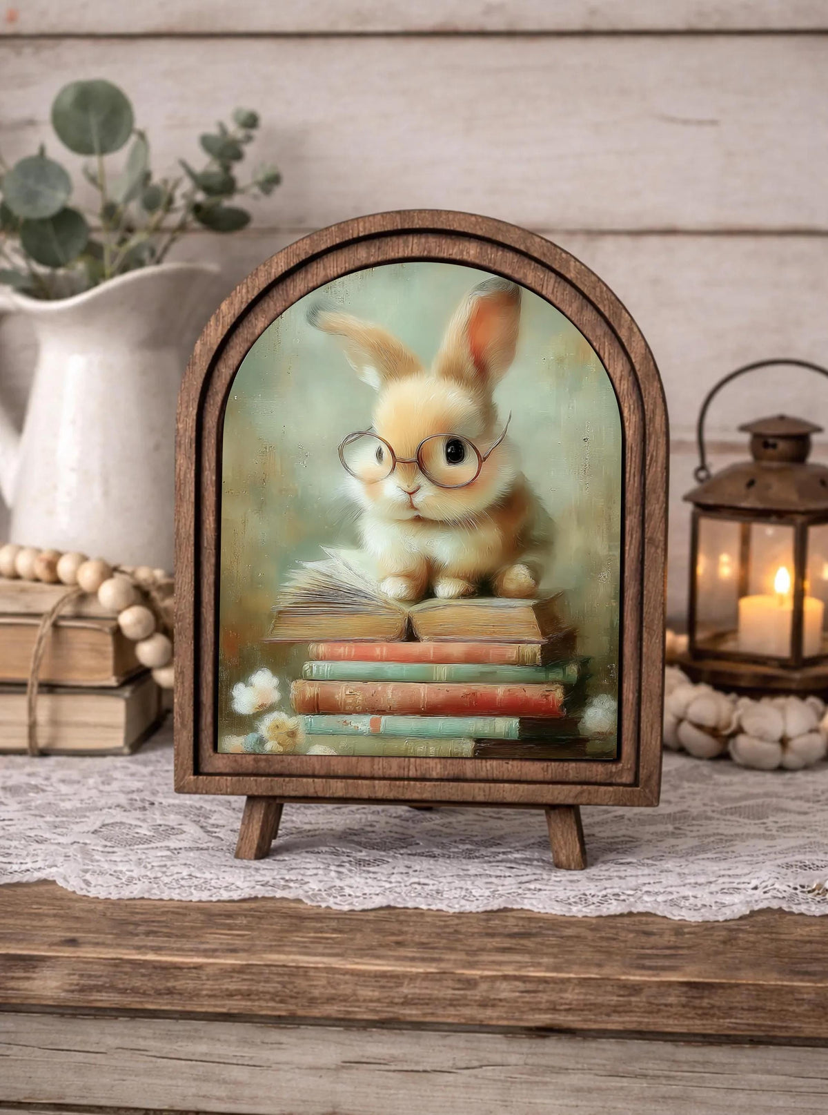 Cute easter bunny reading arched frame home accent, Farmhouse spring shelf sitter, Wood framed easter canvas art