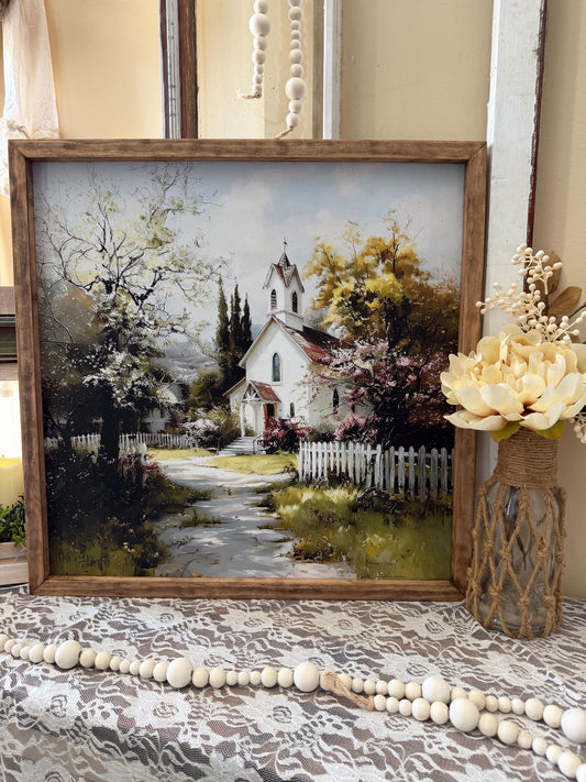 Rustic Church Canvas Wall Art Framed in Wood, Farmhouse Wall Decor, Vintage Style Spring Church, Chapel Landscape Religious Home Accent