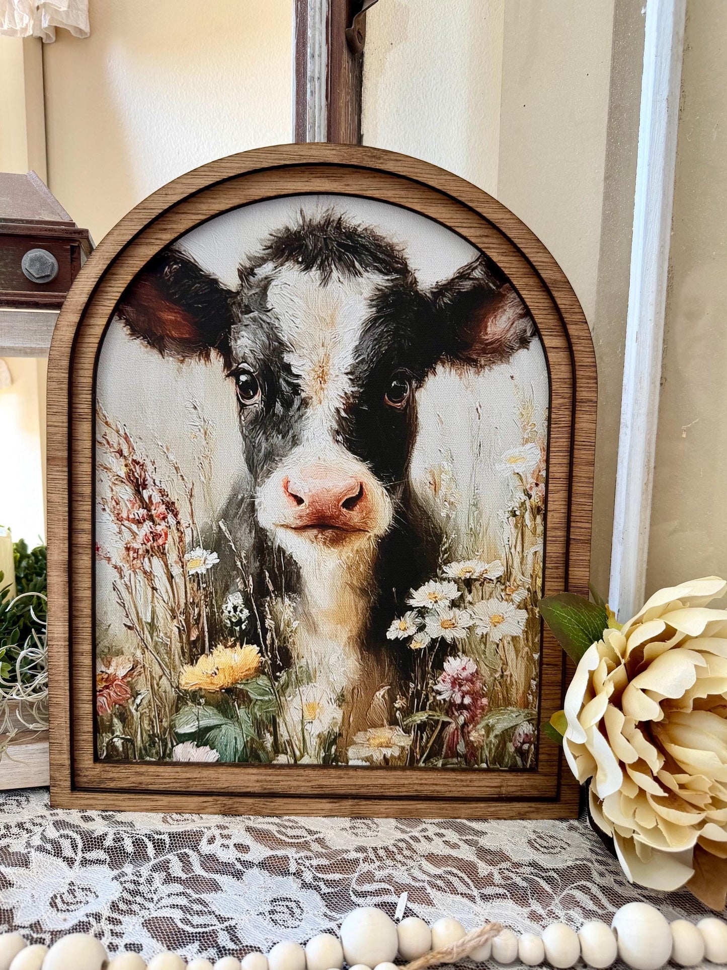 Cow Spring Arch Mini Tabletop Framed Sign | Cute Farmhouse Cow Wood Framed Mantle Decor for Rustic Home Decor