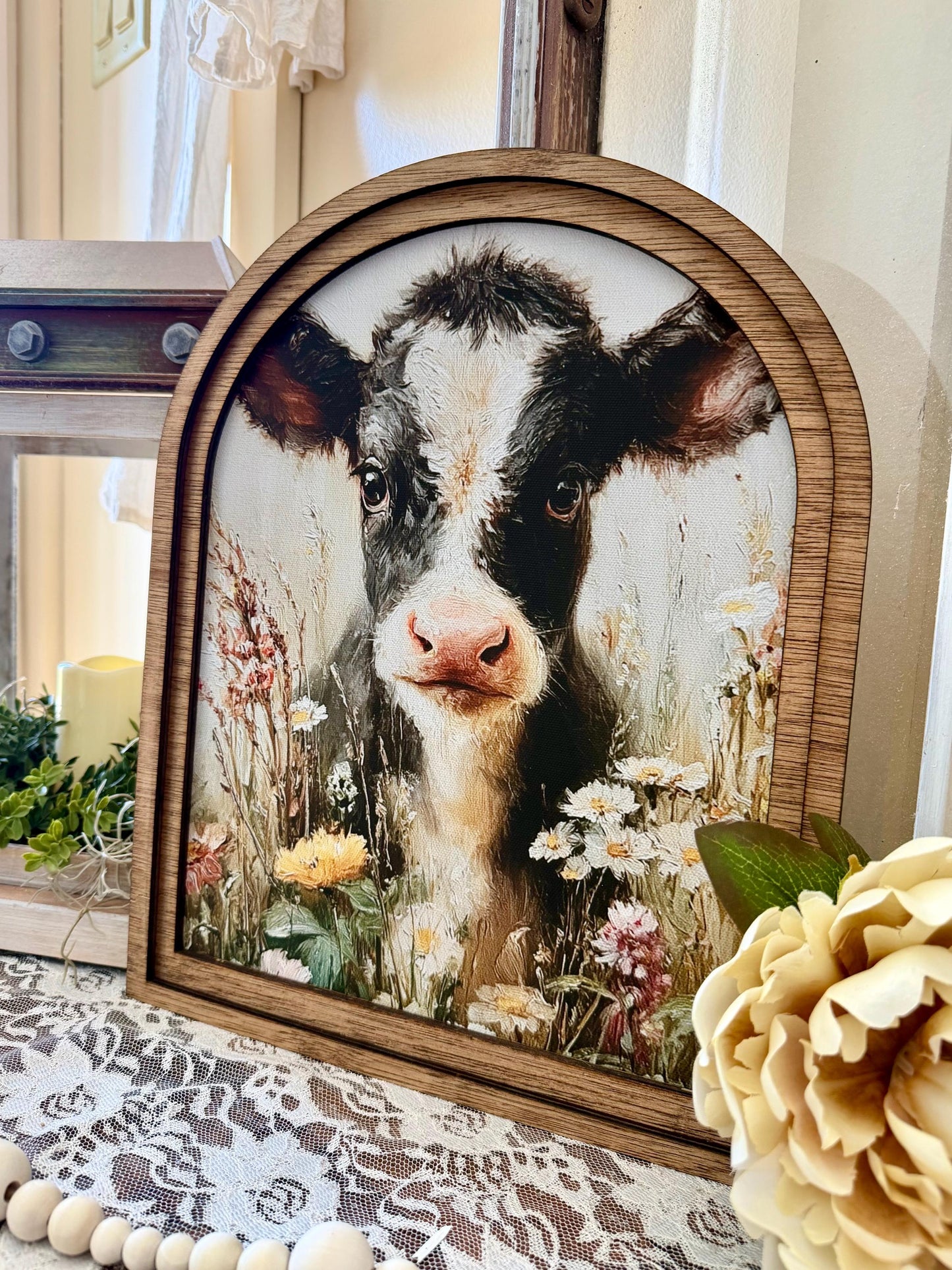 Cow Spring Arch Mini Tabletop Framed Sign | Cute Farmhouse Cow Wood Framed Mantle Decor for Rustic Home Decor