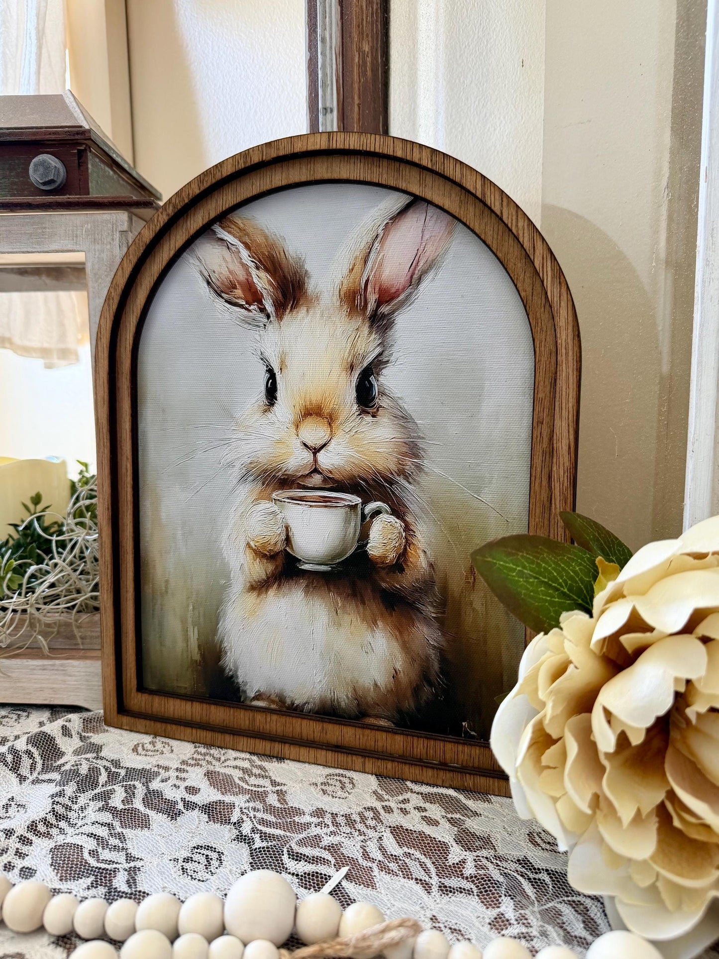 Rustic Bunny Wall Art Sign | Arched Wood Frame | Farmhouse Spring Decor | Easter Shelf Sitter |