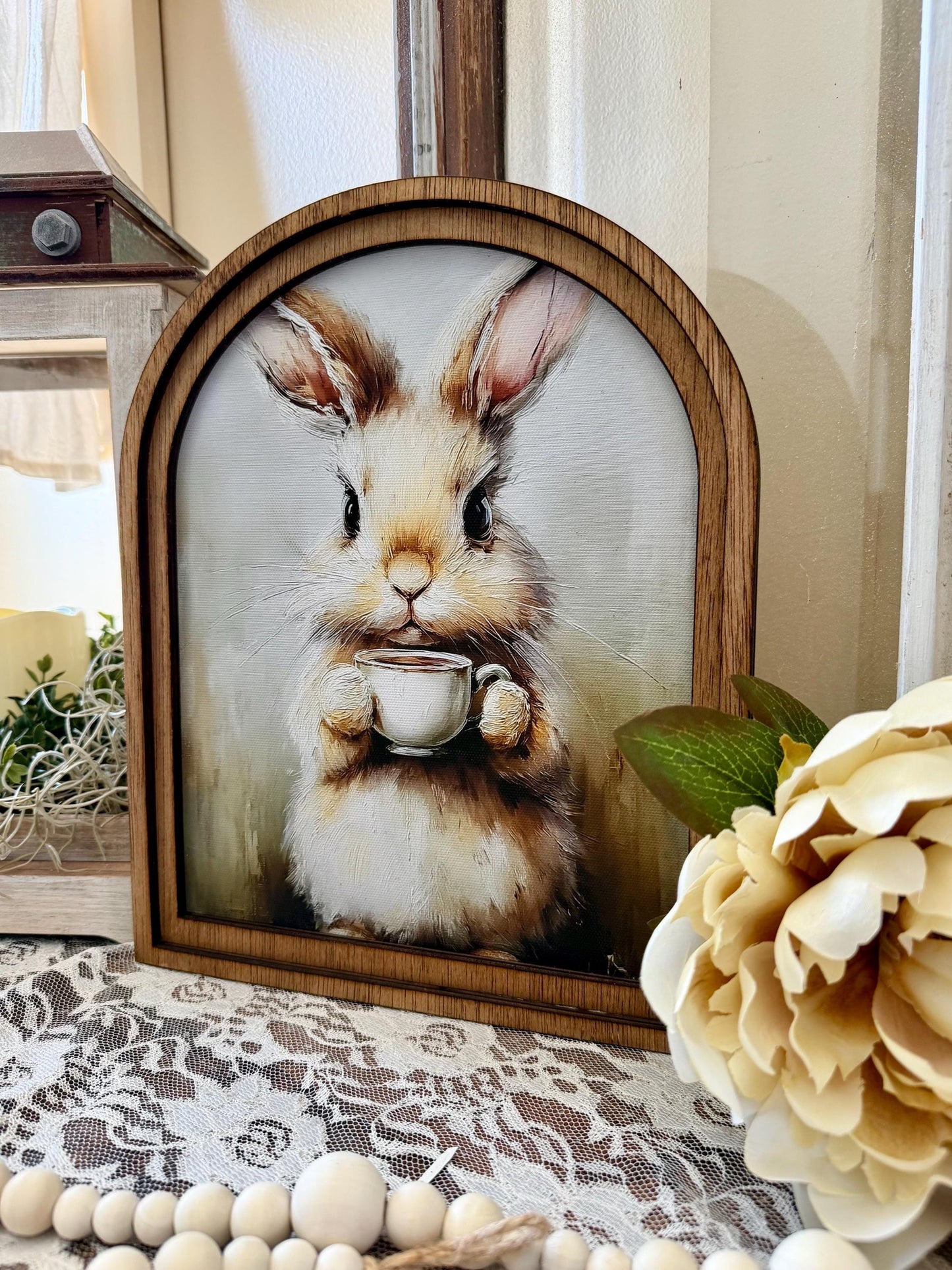 Rustic Bunny Wall Art Sign | Arched Wood Frame | Farmhouse Spring Decor | Easter Shelf Sitter |