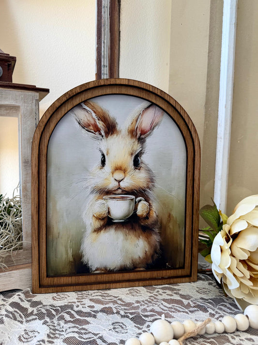 Rustic Bunny Wall Art Sign | Arched Wood Frame | Farmhouse Spring Decor | Easter Shelf Sitter |