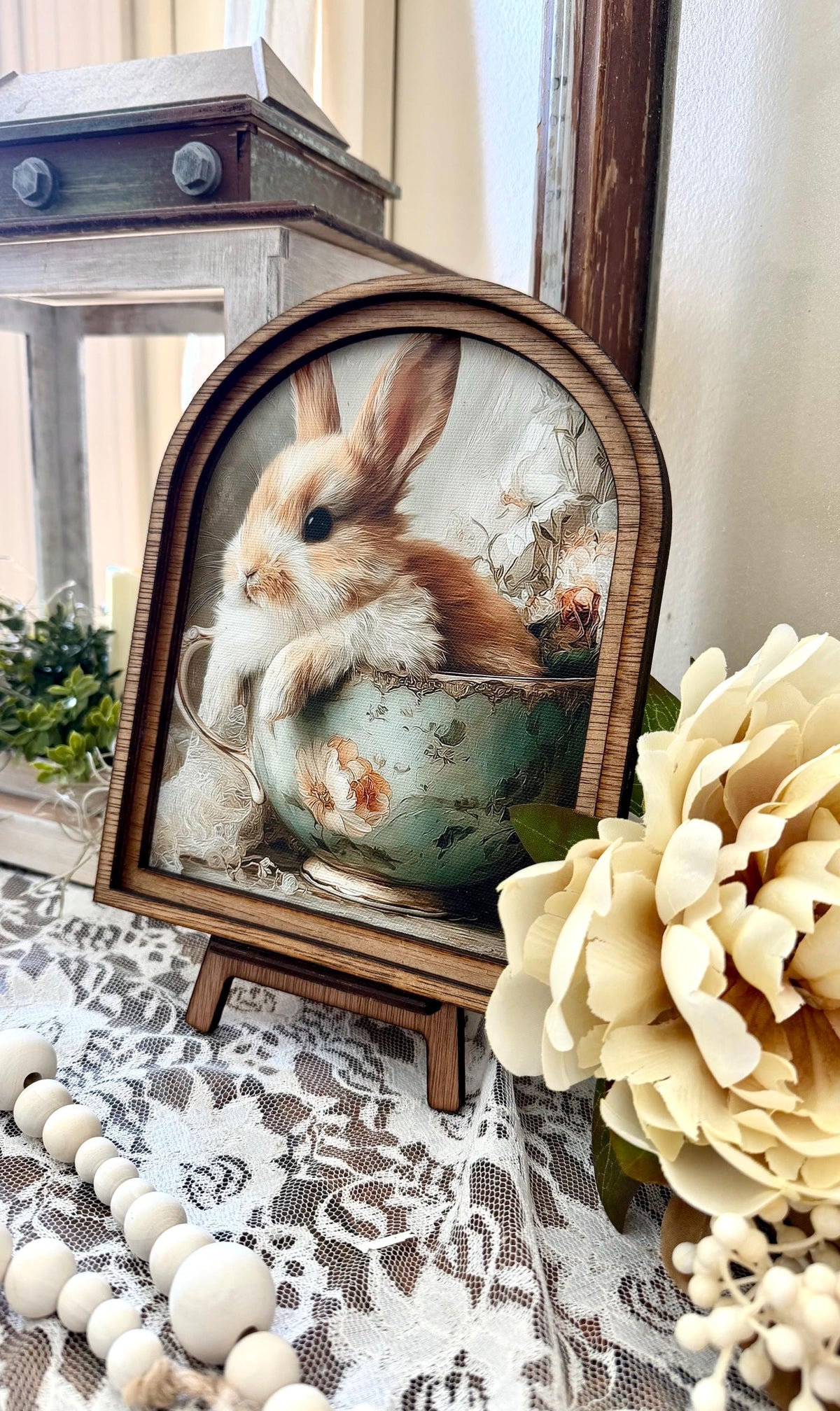 Rustic Bunny wood framed Canvas Sign | Arched Wood Frame | Farmhouse Spring Decor | Easter Shelf Sitter |