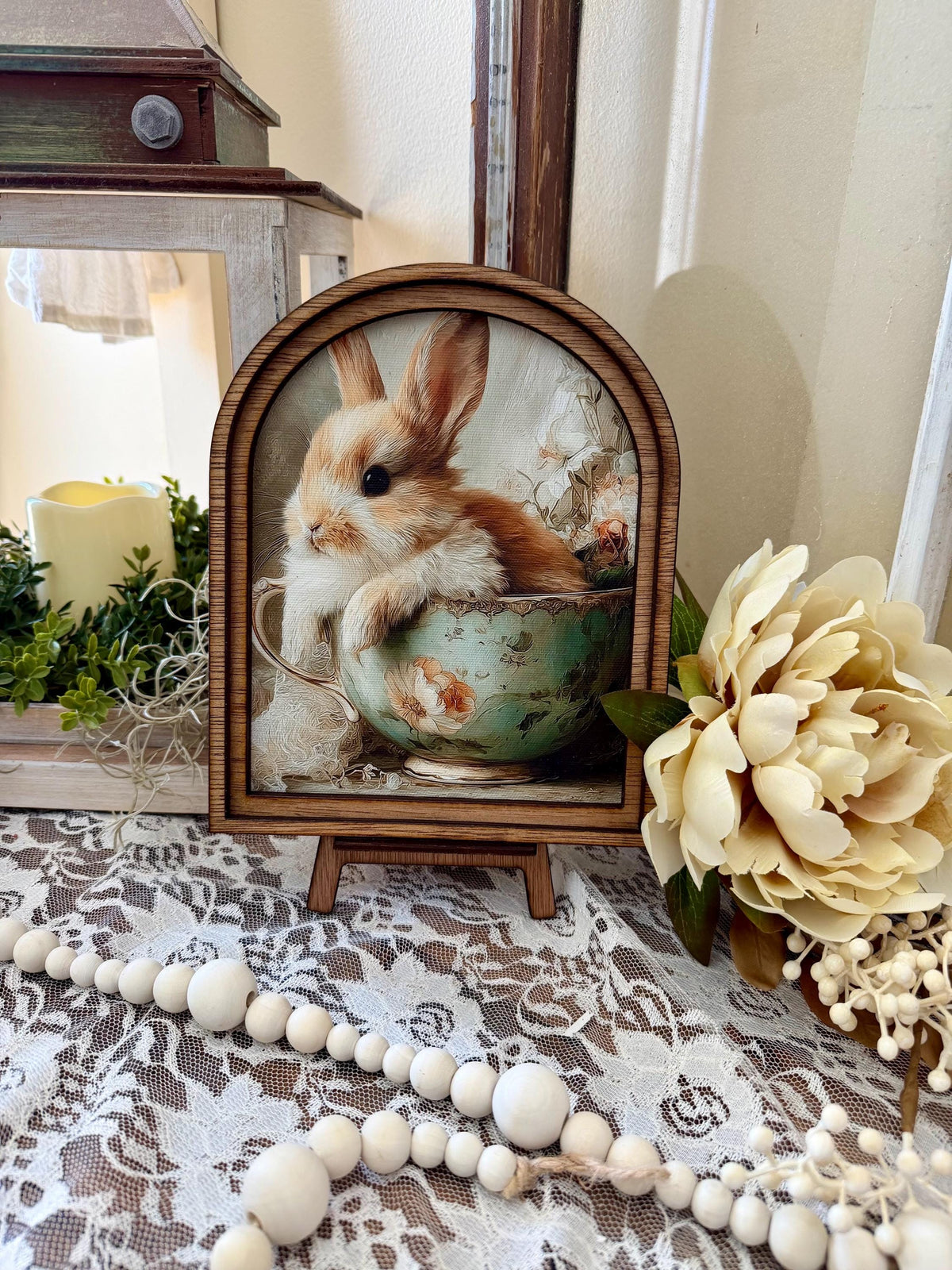 Rustic Bunny wood framed Canvas Sign | Arched Wood Frame | Farmhouse Spring Decor | Easter Shelf Sitter |
