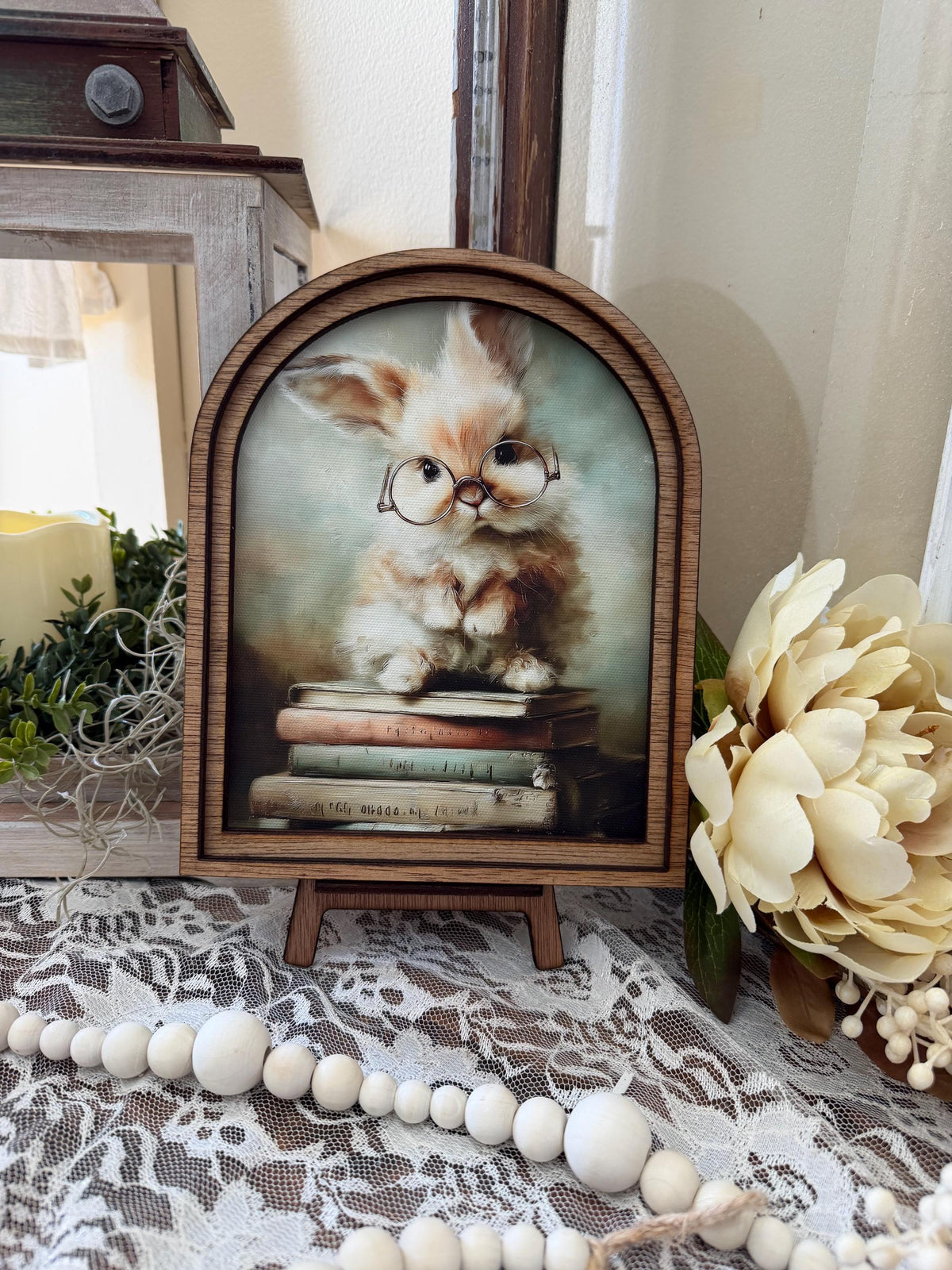 easter bunny wood  arched framed home accent, Farmhouse spring shelf sitter, Wood framed easter canvas art