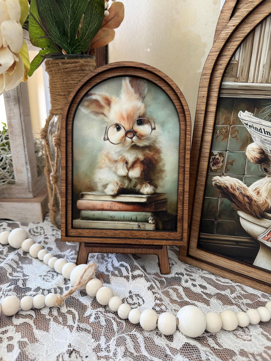 Cute easter bunny reading arched frame home accent, Farmhouse spring shelf sitter, Wood framed easter canvas art