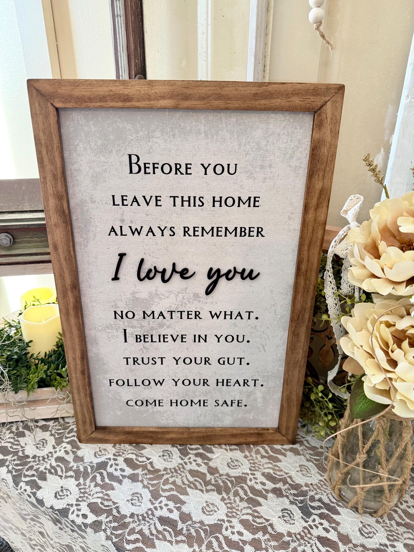 Before you leave this home come home safe wood framed wall sign farmhouse framed wall decor entryway foyer art