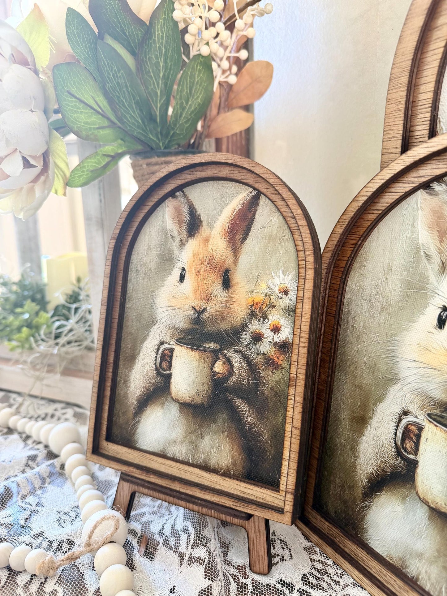Rustic Bunny wood framed Canvas Sign | Arched Wood Frame | Farmhouse Spring Decor | Easter Coffee Shelf Sitter |