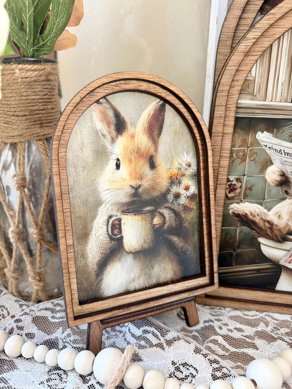 Rustic Bunny wood framed Canvas Sign | Arched Wood Frame | Farmhouse Spring Decor | Easter Coffee Shelf Sitter |