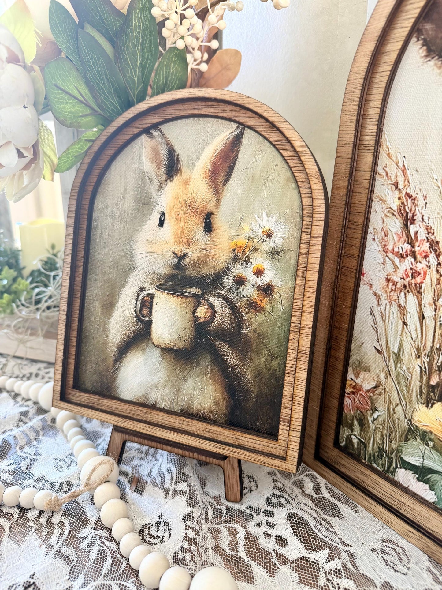 Rustic Bunny wood framed Canvas Sign | Arched Wood Frame | Farmhouse Spring Decor | Easter Coffee Shelf Sitter |