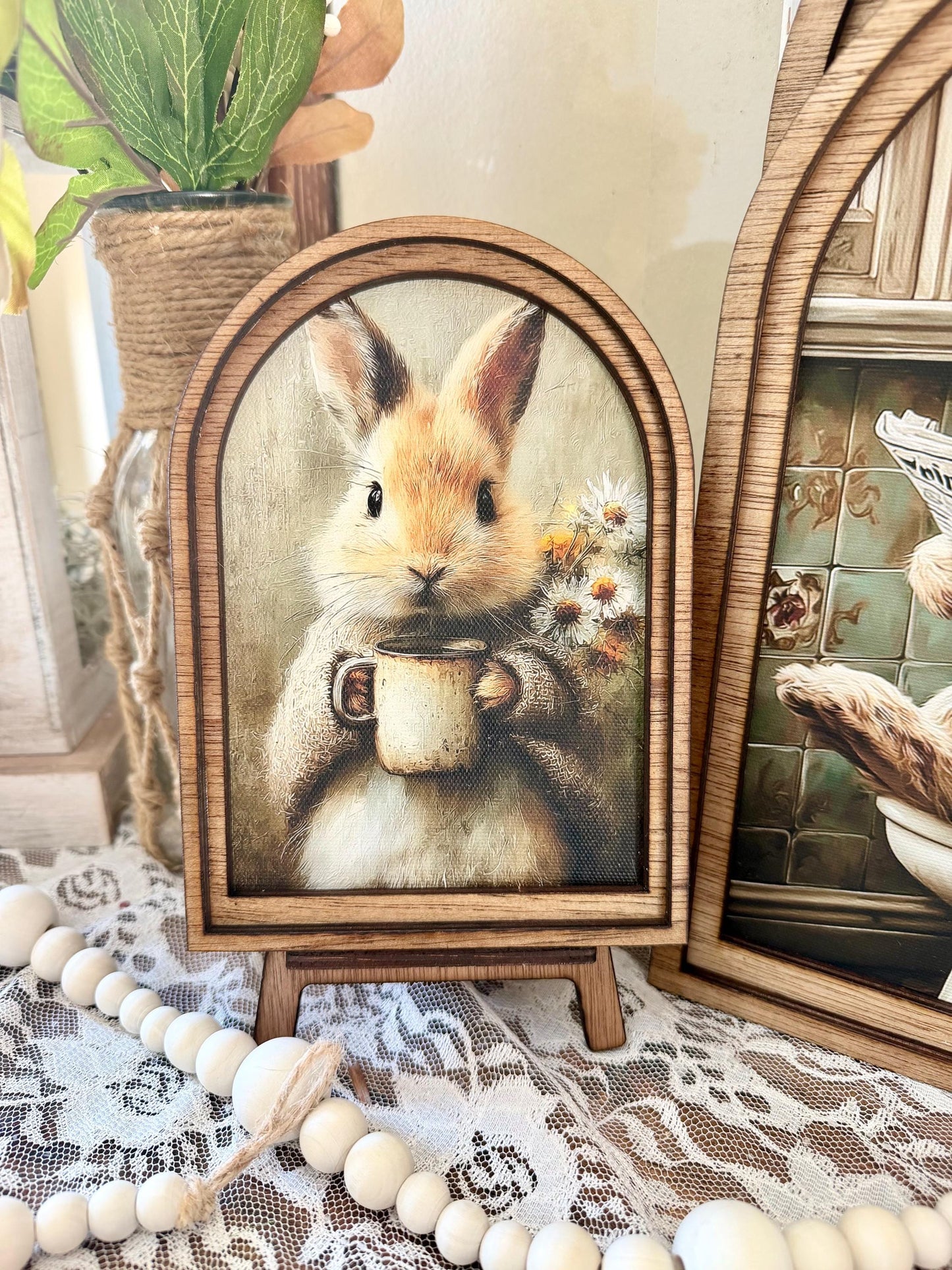 Rustic Bunny wood framed Canvas Sign | Arched Wood Frame | Farmhouse Spring Decor | Easter Coffee Shelf Sitter |