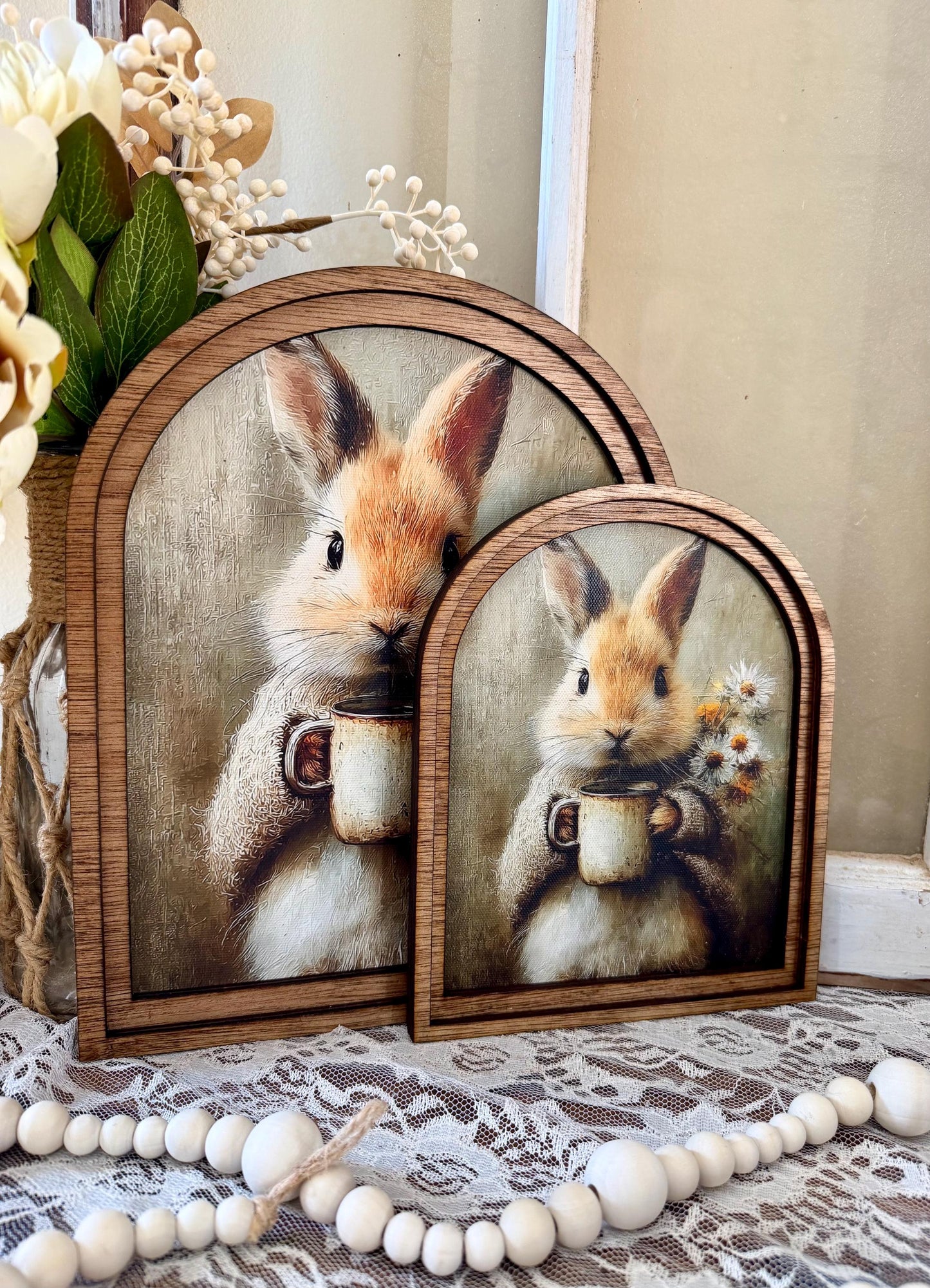Rustic Bunny wood framed Canvas Sign | Arched Wood Frame | Farmhouse Spring Decor | Easter Coffee Shelf Sitter |