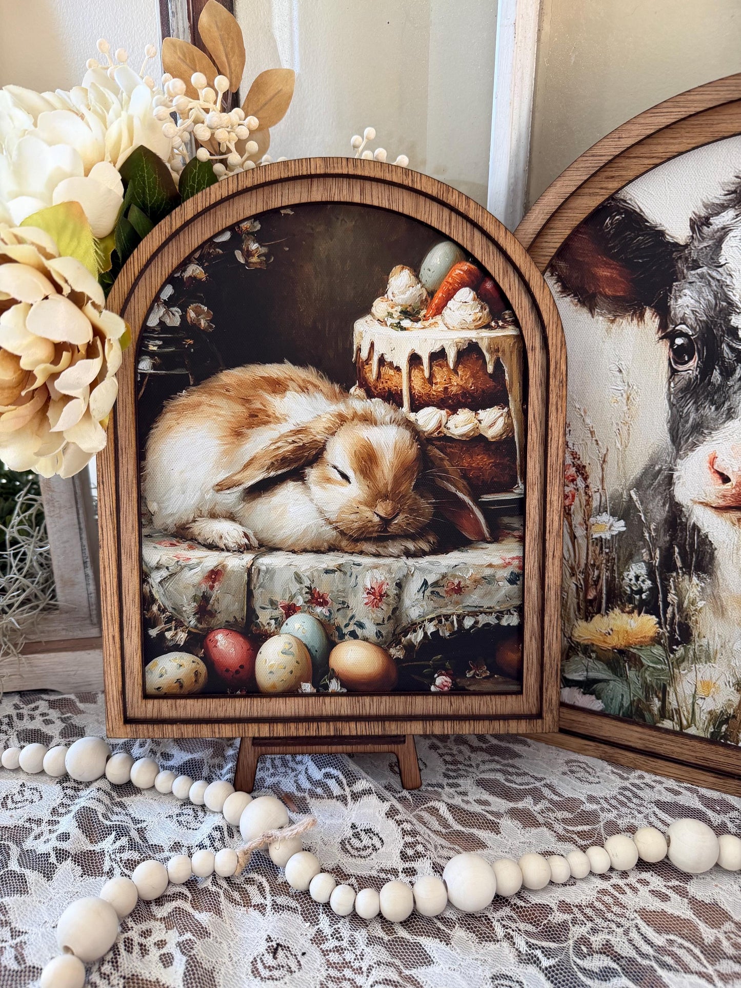 Easter Tabletop arch wood frame decor, Spring Bunny Farmhouse Kitchen Art, Hostess Gift
