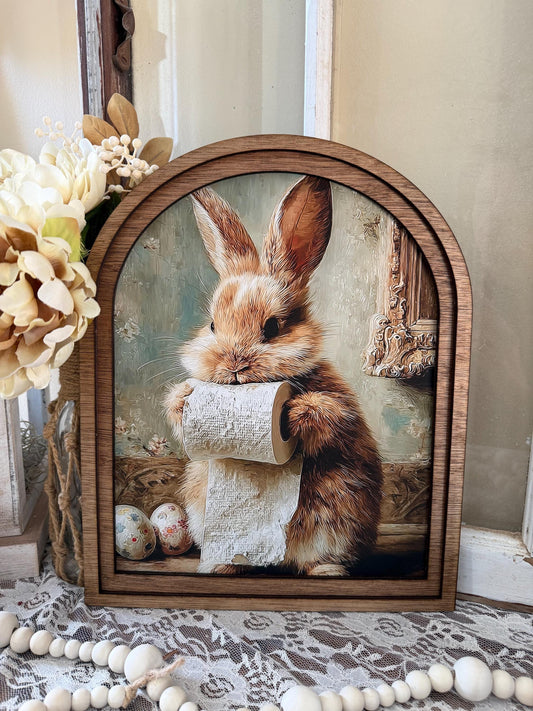 Vintage Farmhouse Easter Bunny Wall Art, Wood Framed Funny Bathroom Print, Rustic Spring Decor, Shabby Chic Animal Bathroom Art