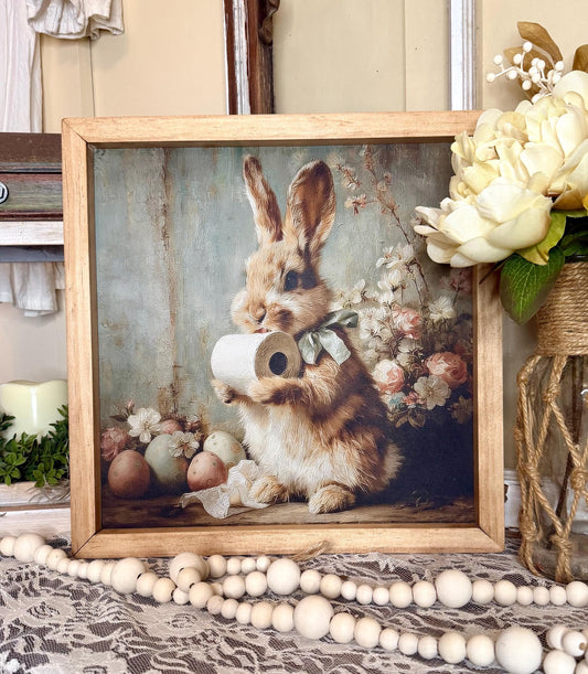 Funny Easter Bunny Bathroom Framed Sign | Rustic Farmhouse Bunny Decor | Toilet Paper Bunny Wall Art | Easter Bathroom Decor