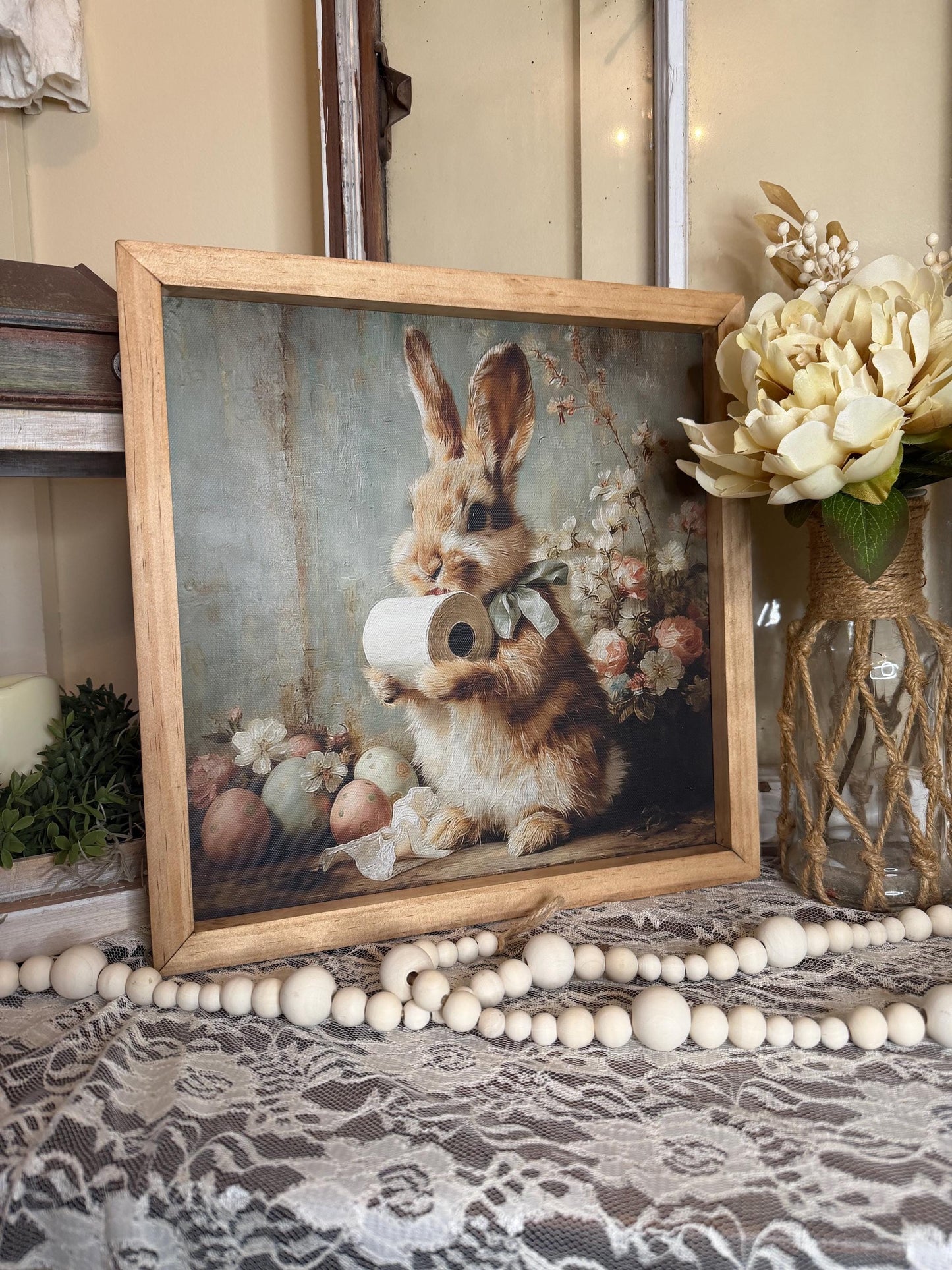 Funny Easter Bunny Bathroom Framed Sign | Rustic Farmhouse Bunny Decor | Toilet Paper Bunny Wall Art | Easter Bathroom Decor