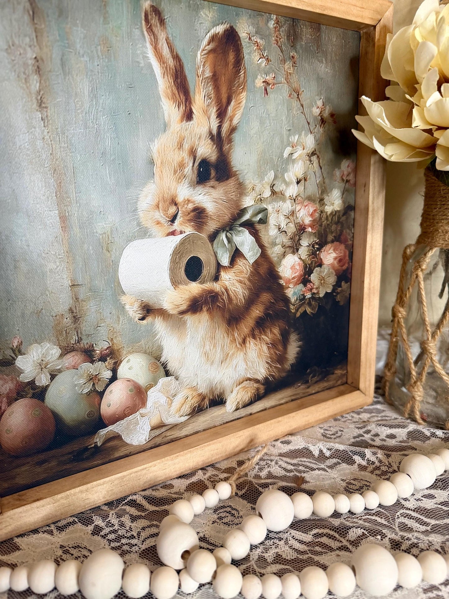 Funny Easter Bunny Bathroom Framed Sign | Rustic Farmhouse Bunny Decor | Toilet Paper Bunny Wall Art | Easter Bathroom Decor