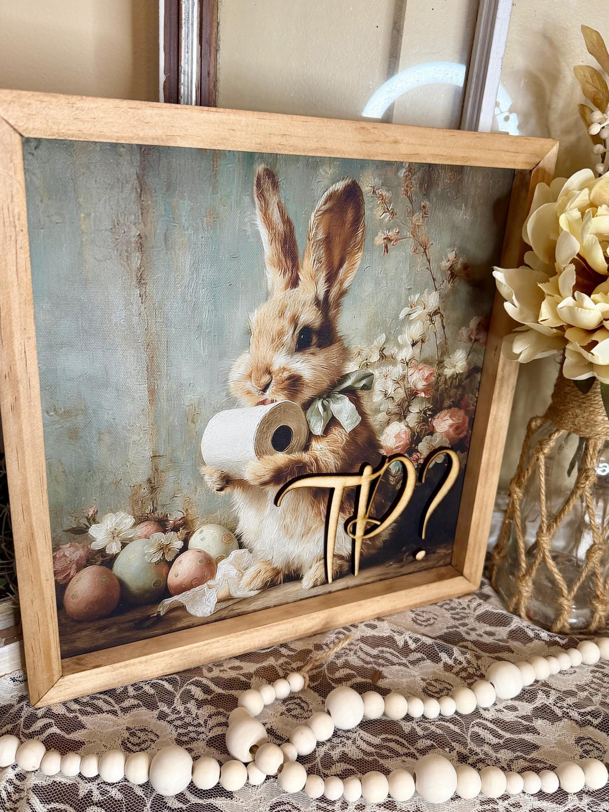 Funny Easter Bunny Bathroom Framed Sign | Rustic Farmhouse Bunny Decor | Toilet Paper Bunny Wall Art | Easter Bathroom Decor