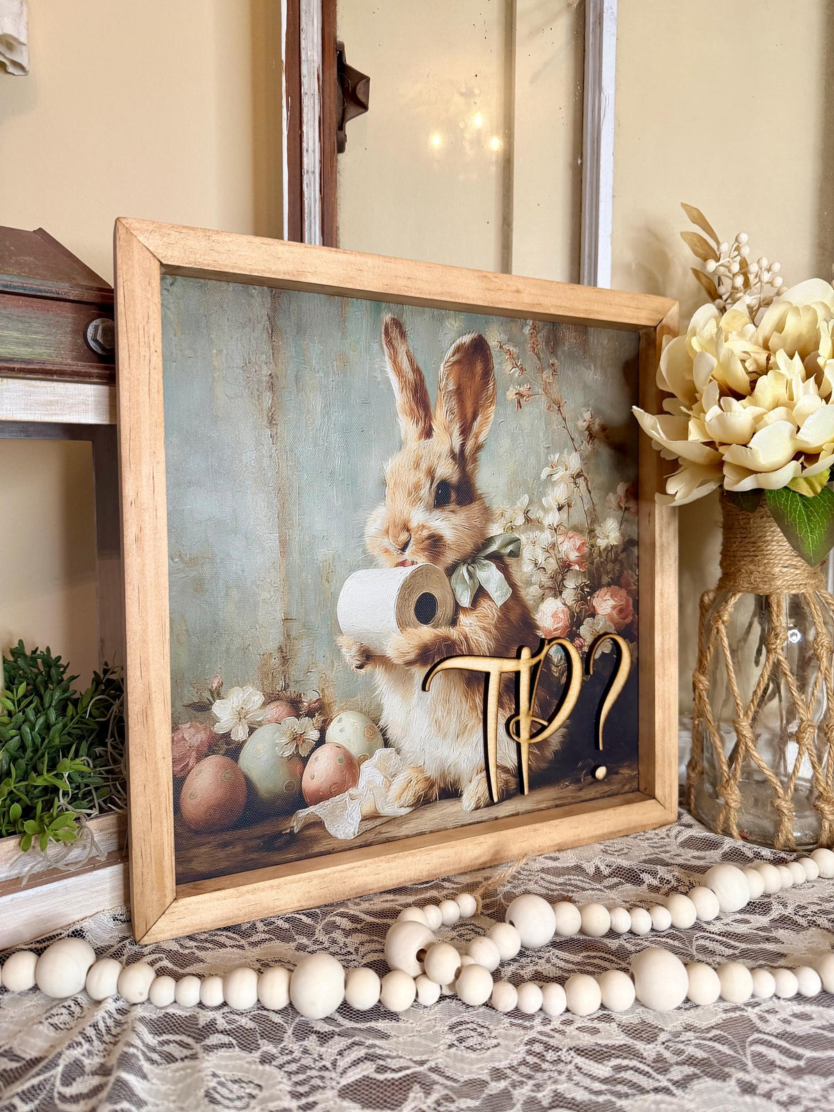 Funny Easter Bunny Bathroom Framed Sign | Rustic Farmhouse Bunny Decor | Toilet Paper Bunny Wall Art | Easter Bathroom Decor