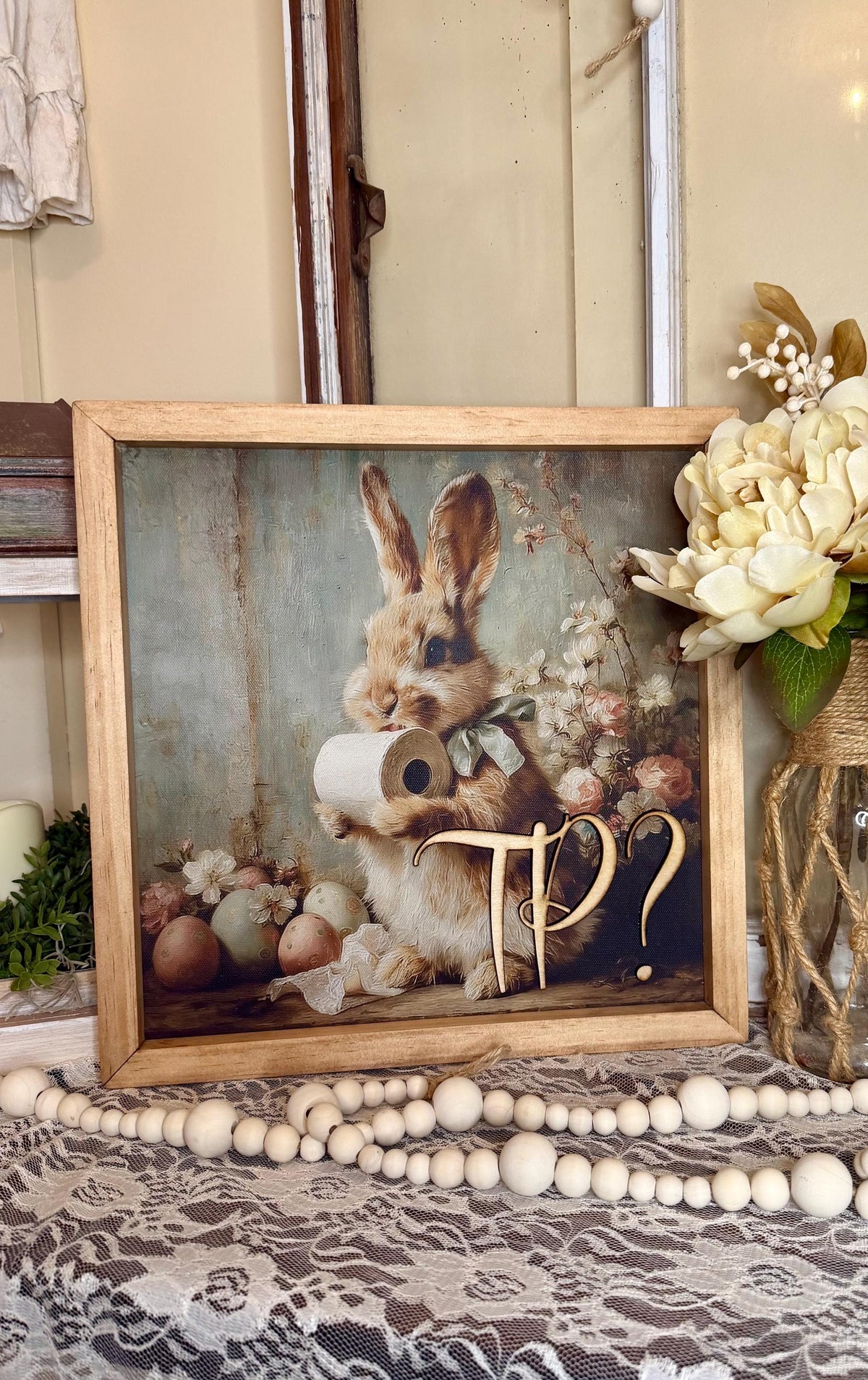 Funny Easter Bunny Bathroom Framed Sign | Rustic Farmhouse Bunny Decor | Toilet Paper Bunny Wall Art | Easter Bathroom Decor