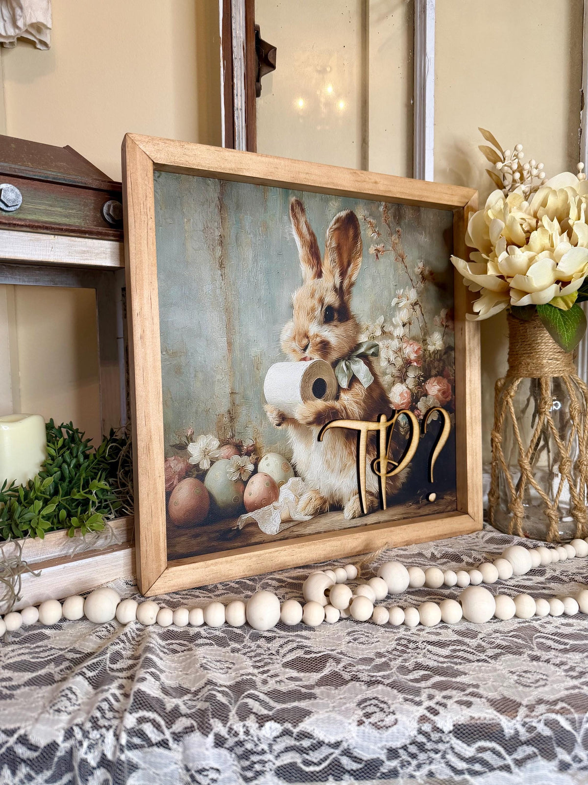 Funny Easter Bunny Bathroom Framed Sign | Rustic Farmhouse Bunny Decor | Toilet Paper Bunny Wall Art | Easter Bathroom Decor