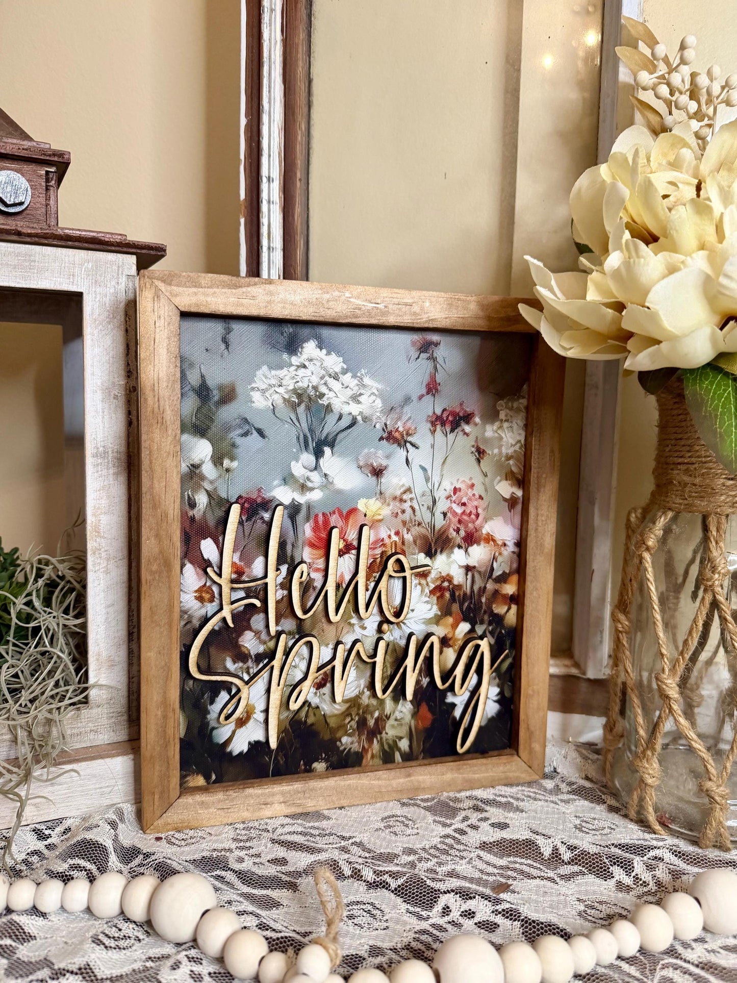 Wildflower Floral Wall Art Natural Wood Framed Canvas Art Rustic Farmhouse Flower Print Neutral Botanical Home Decor