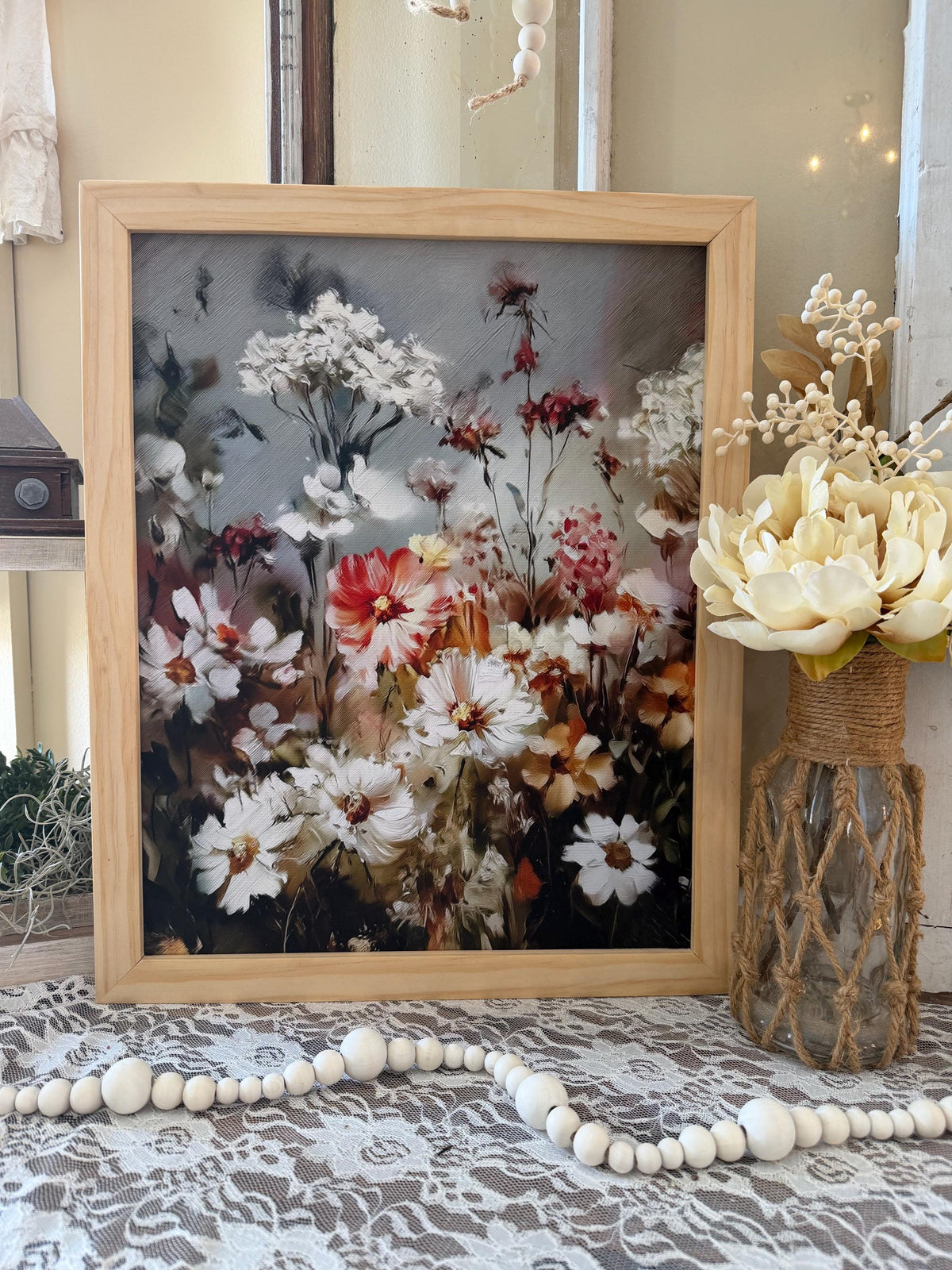 Wildflower Floral Wall Art Natural Wood Framed Canvas Art Rustic Farmhouse Flower Print Neutral Botanical Home Decor