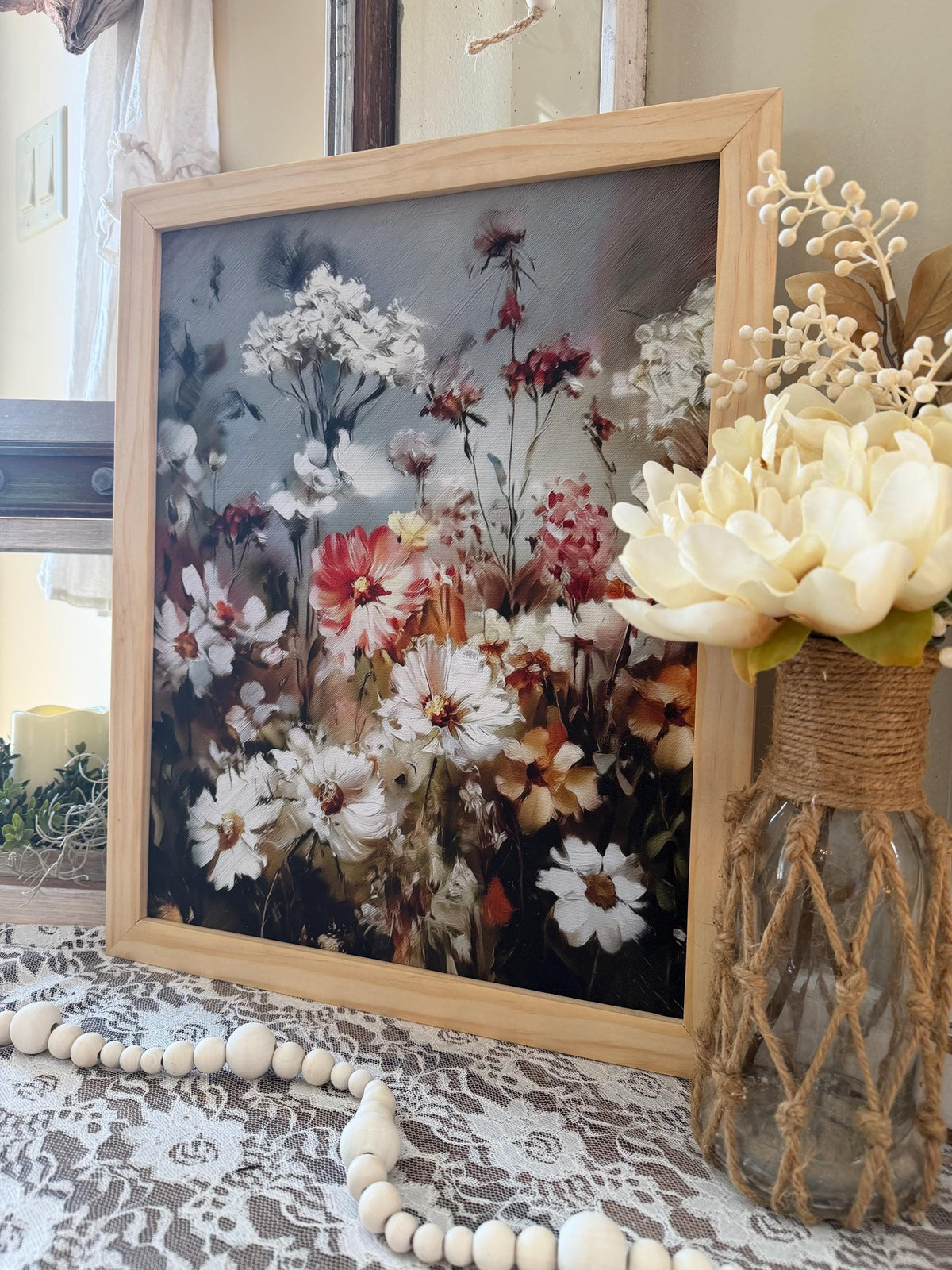 Wildflower Floral Wall Art Natural Wood Framed Canvas Art Rustic Farmhouse Flower Print Neutral Botanical Home Decor
