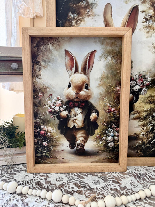 Wood Framed Bunny Home Accent Print, Vintage Rabbit Wall Decor, Whimsical Woodland Animal Art Framed Canvas