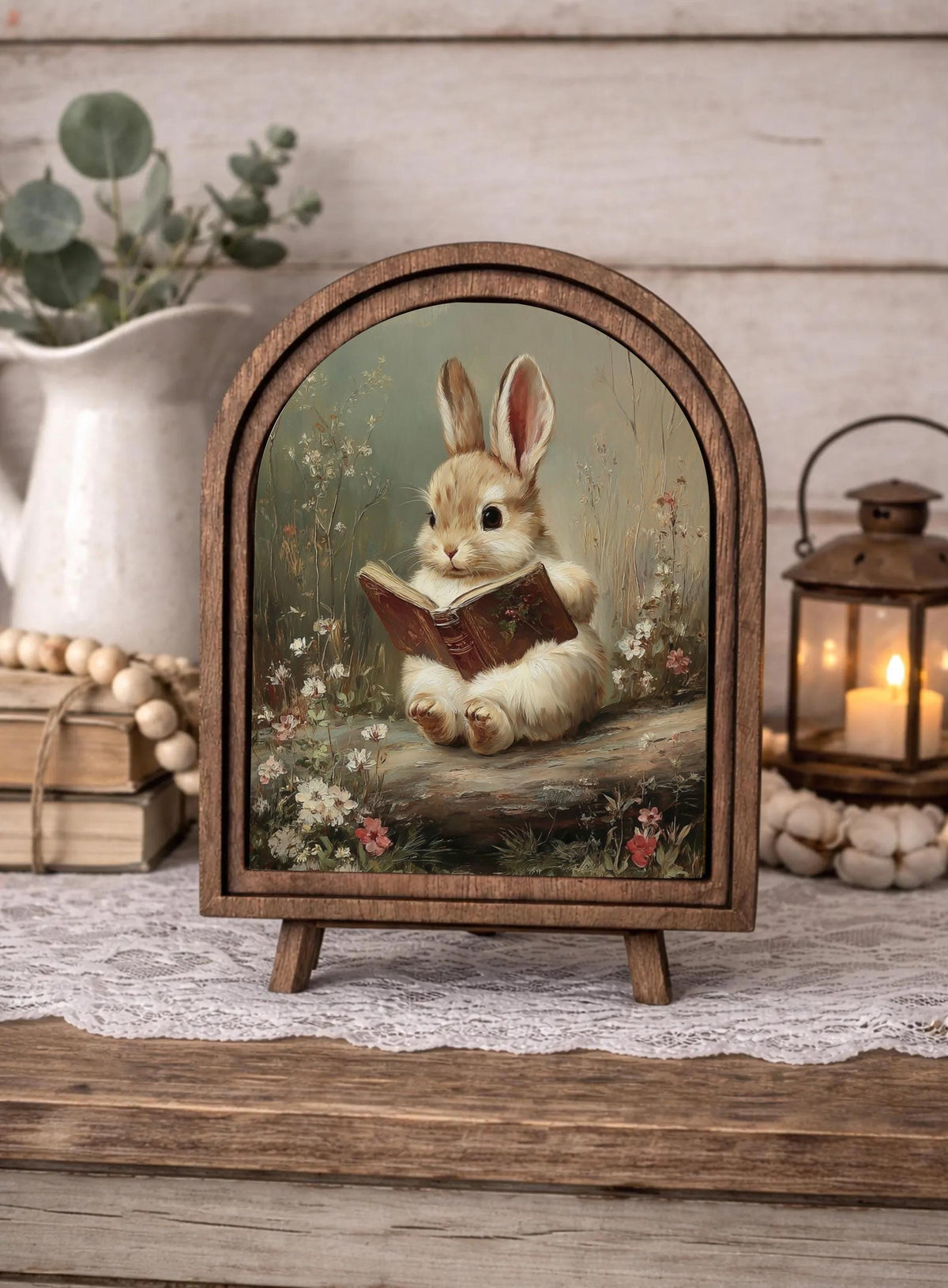 Spring Bunny Wood Framed Arch Decor, Easter Rabbit Tabletop  Home Accent, Hostess Easter Gift