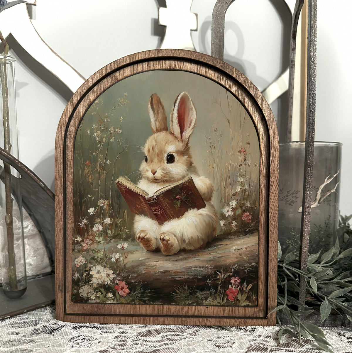 Spring Bunny Wood Framed Arch Decor, Easter Rabbit Tabletop  Home Accent, Hostess Easter Gift