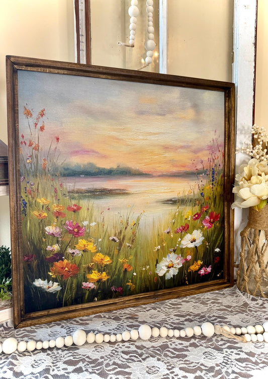 Wildflower Meadow Landscape Canvas Art, Wood Framed Farmhouse Wall Decor, Rustic Cottage Floral Lake Sunset Painting, Country Home Accent