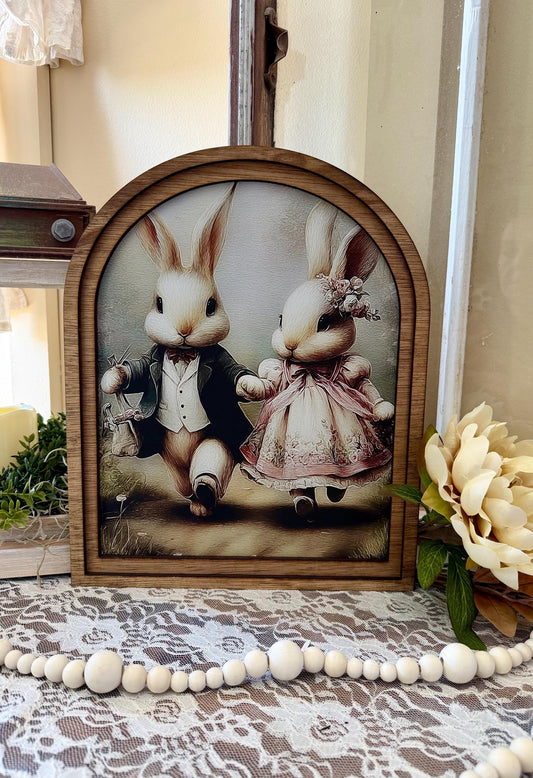 arched frame vintage storybook bunny, Framed Canvas easter bunny art, Spring Victorian style Mantle Decor