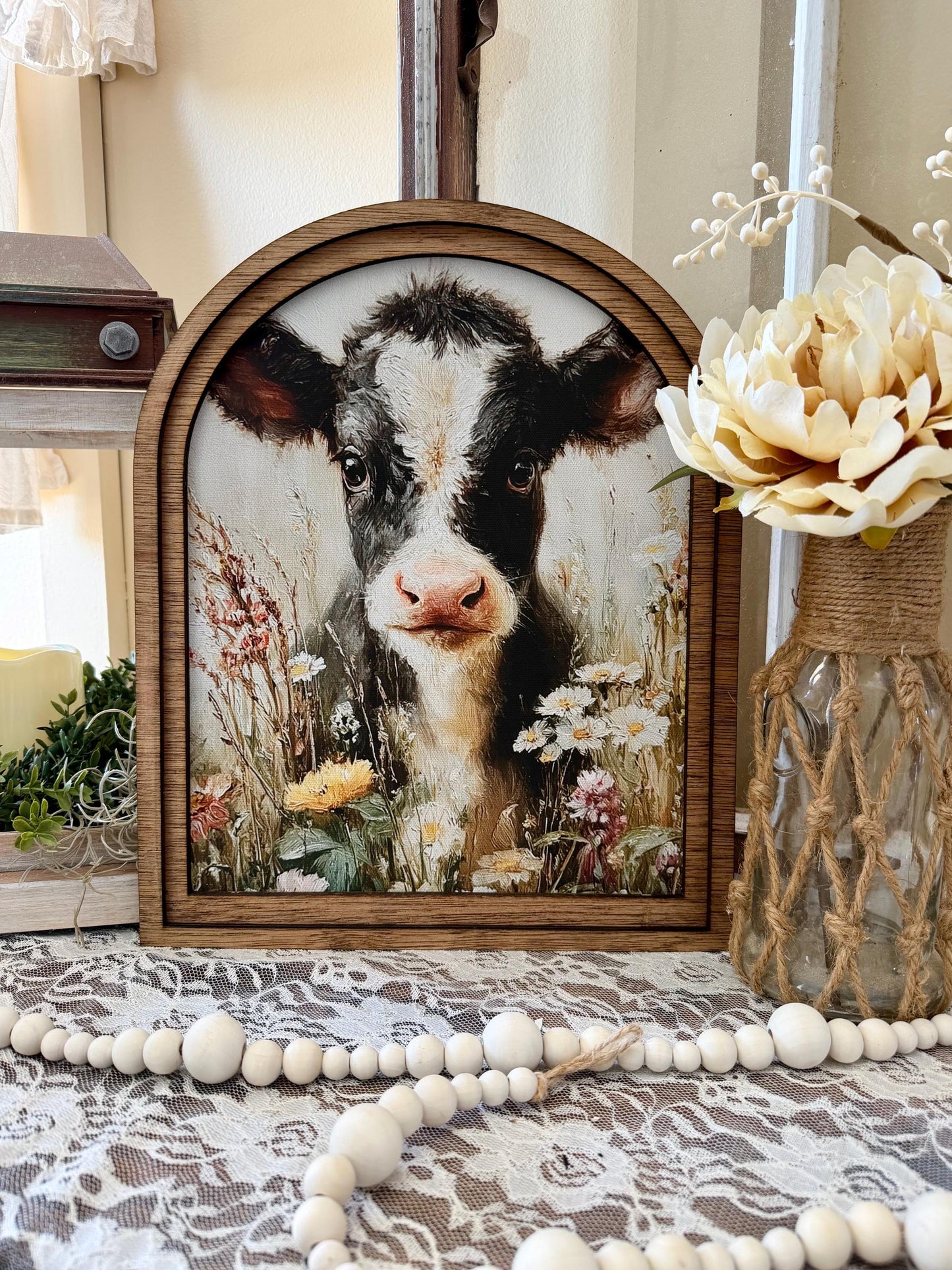 Cow Spring Arch Mini Tabletop Framed Sign | Cute Farmhouse Cow Wood Framed Mantle Decor for Rustic Home Decor