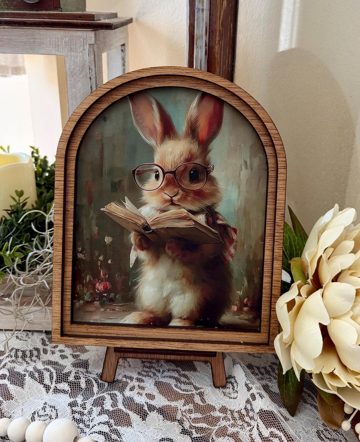 easter bunny arch wood framed home accent, Farmhouse shelf sitter, easter canvas art, Book lovers spring decor