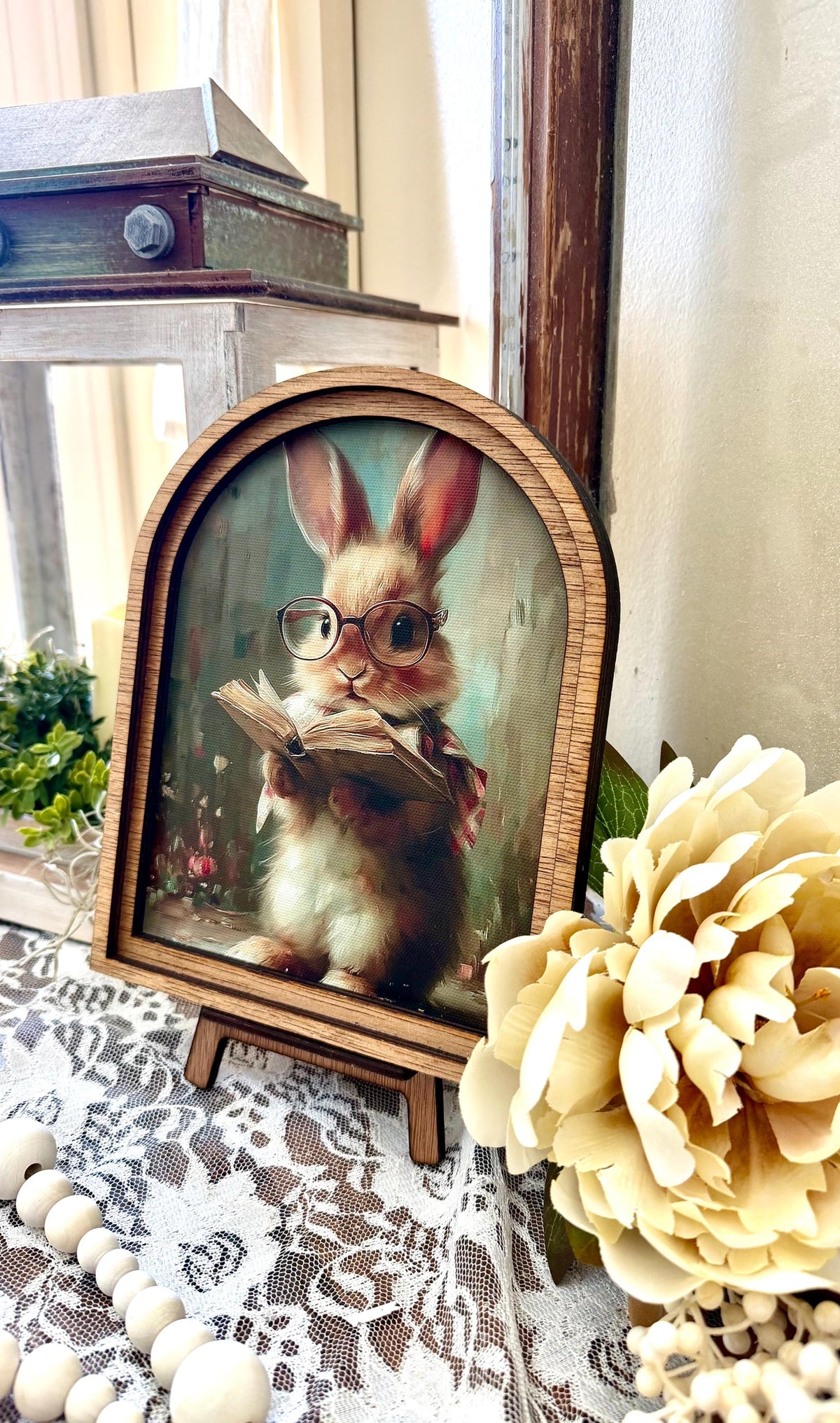 easter bunny arch wood framed home accent, Farmhouse shelf sitter, easter canvas art, Book lovers spring decor