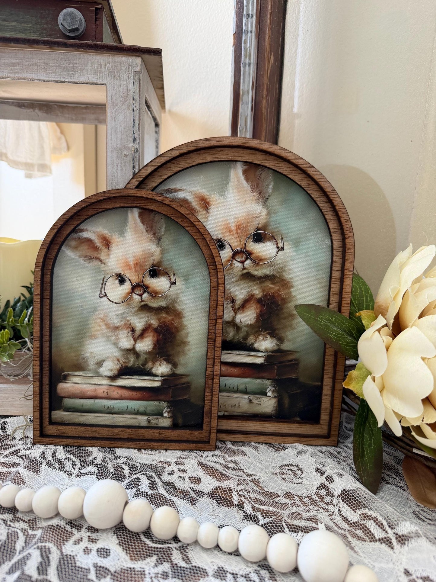 Cute easter bunny reading arched frame home accent, Farmhouse spring shelf sitter, Wood framed easter canvas art