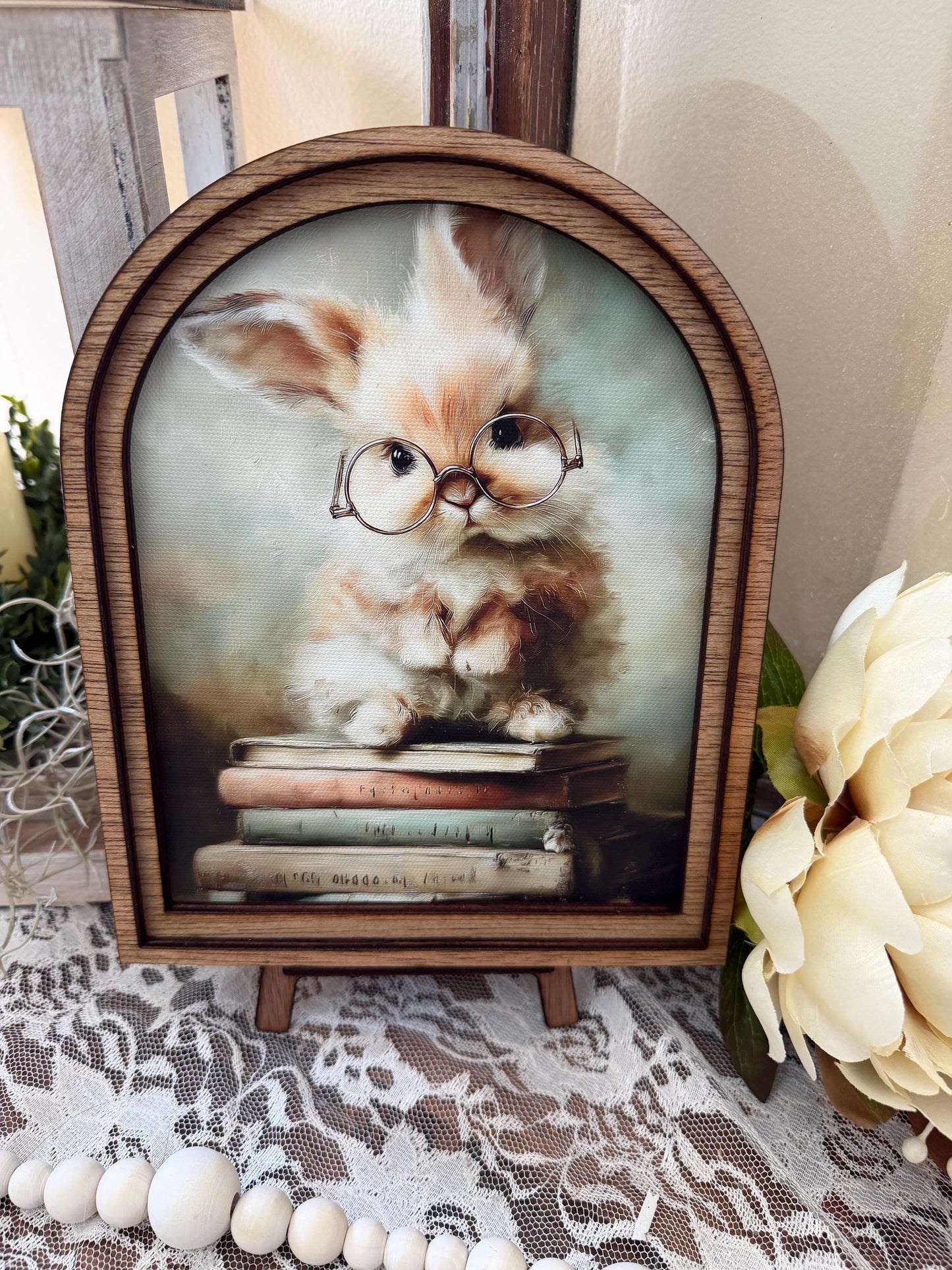 Cute easter bunny reading arched frame home accent, Farmhouse spring shelf sitter, Wood framed easter canvas art