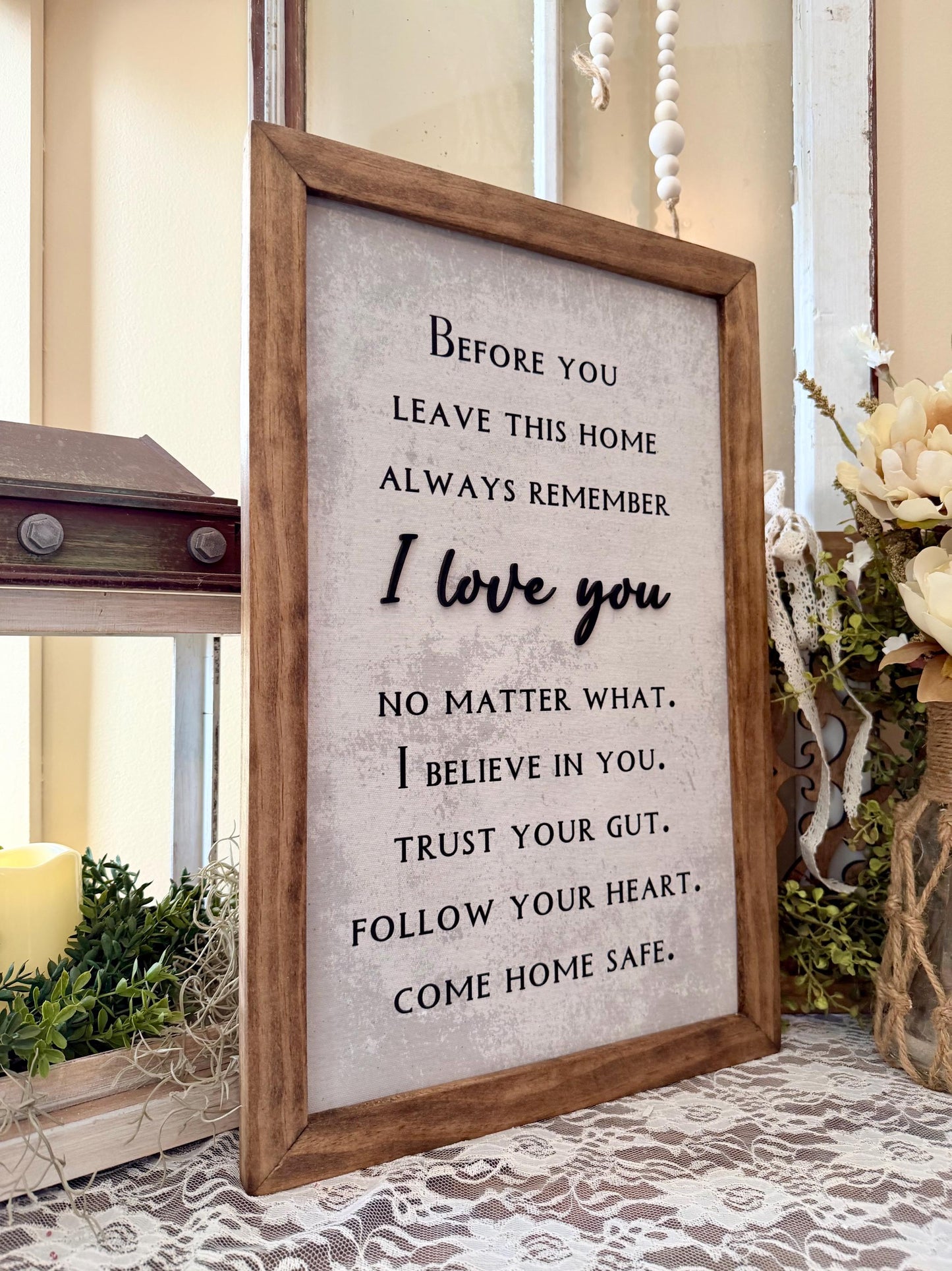 Before you leave this home come home safe wood framed wall sign farmhouse framed wall decor entryway foyer art