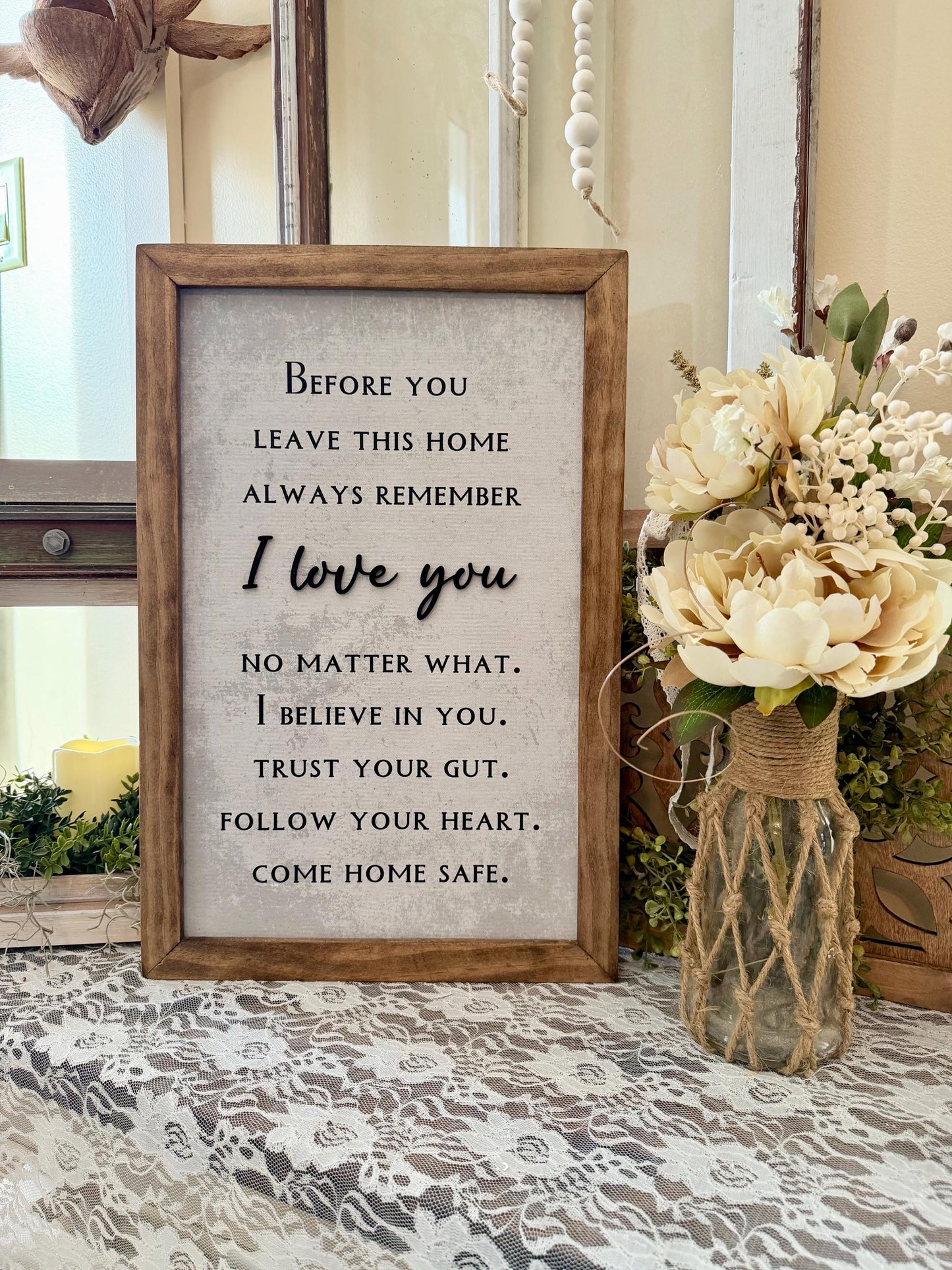 Before you leave this home come home safe wood framed wall sign farmhouse framed wall decor entryway foyer art