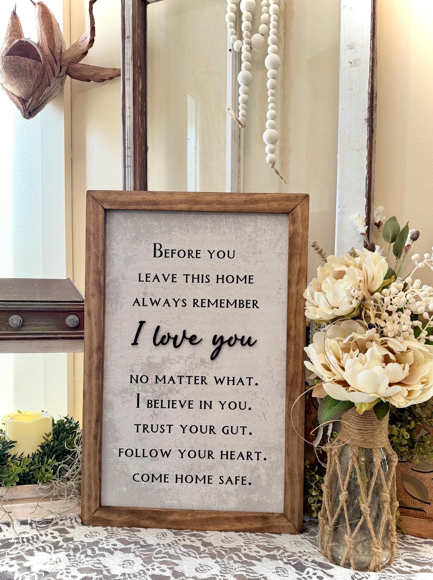 Before you leave this home come home safe wood framed wall sign farmhouse framed wall decor entryway foyer art