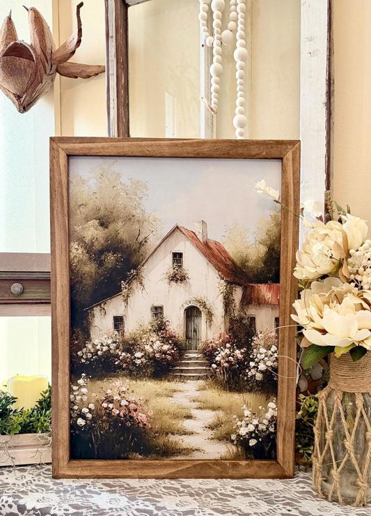 Vintage Cottage Canvas Art | Farmhouse Cottage Wall Decor | Wood Framed Canvas Print |