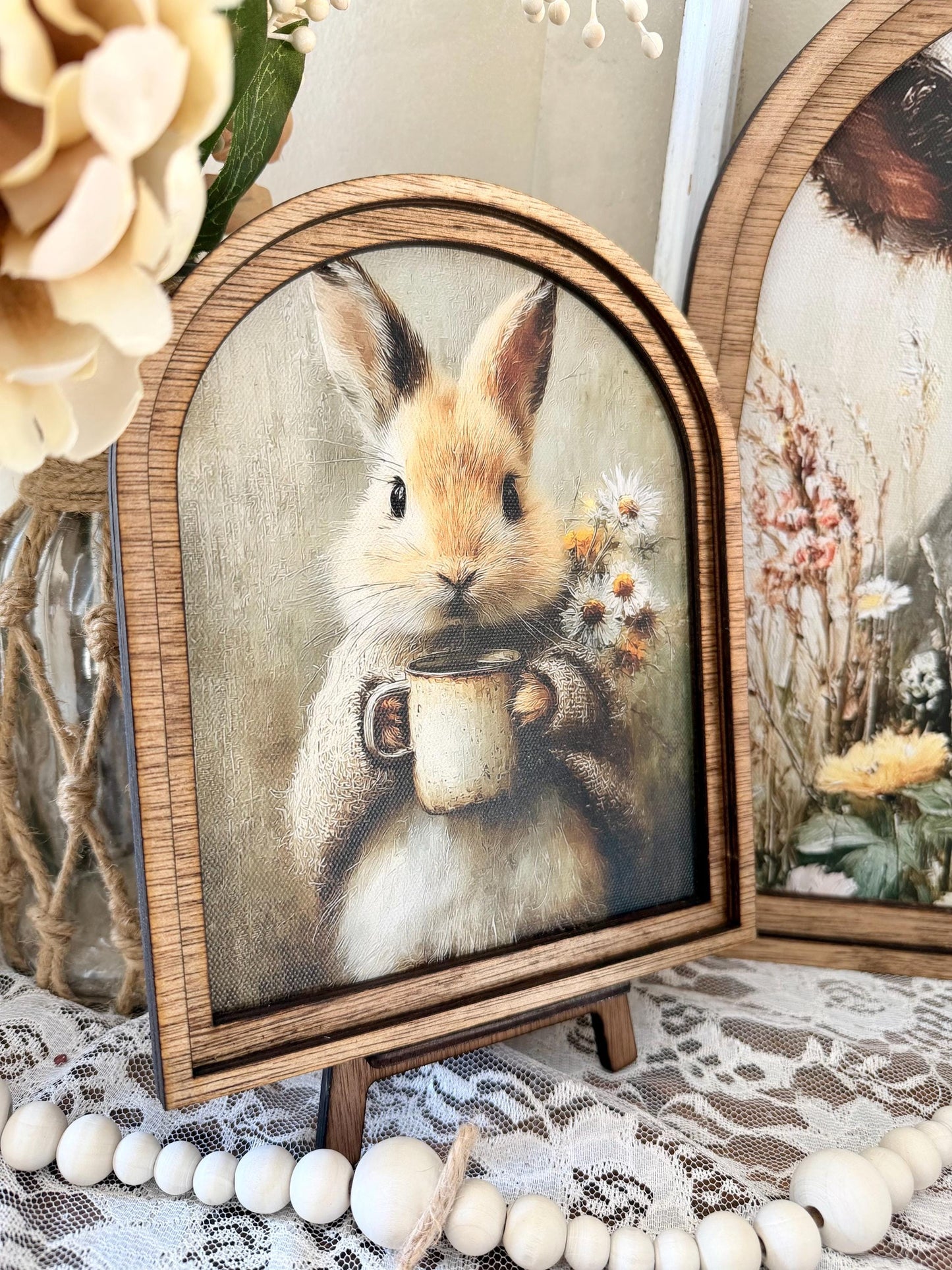 Rustic Bunny wood framed Canvas Sign | Arched Wood Frame | Farmhouse Spring Decor | Easter Coffee Shelf Sitter |