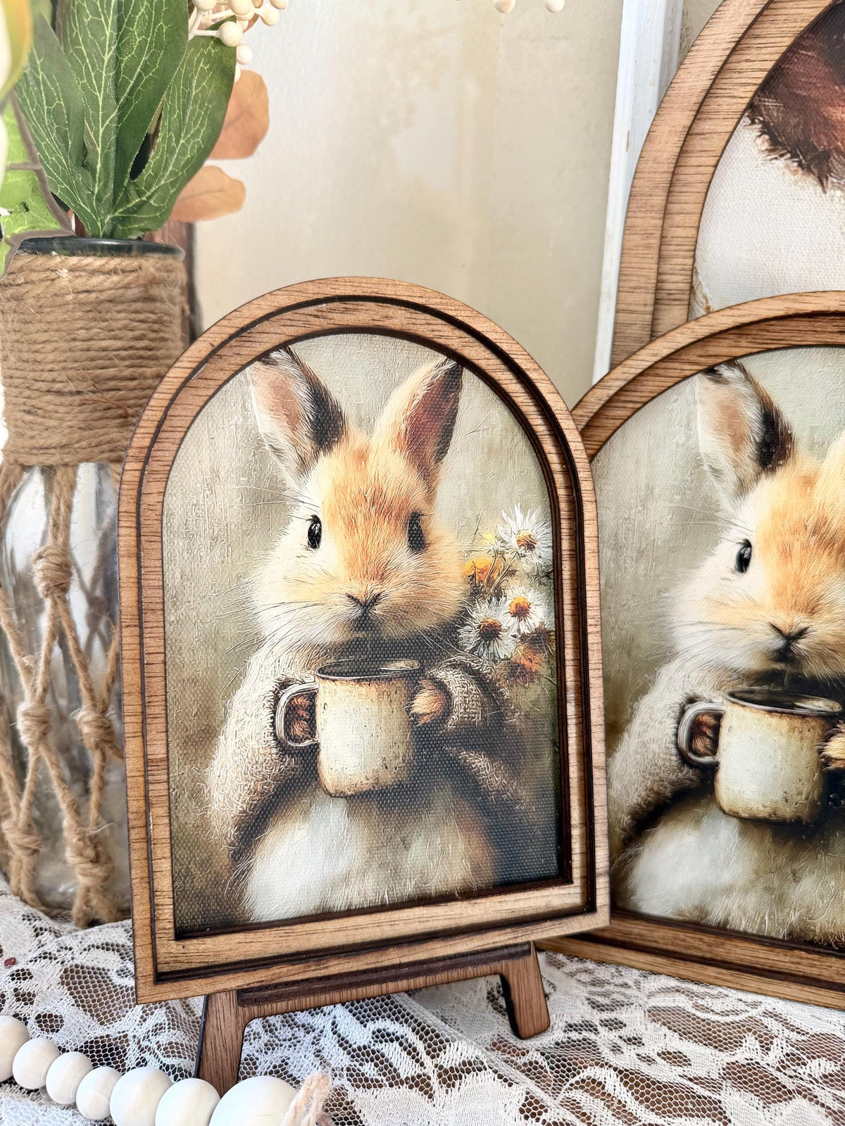Rustic Bunny wood framed Canvas Sign | Arched Wood Frame | Farmhouse Spring Decor | Easter Coffee Shelf Sitter |