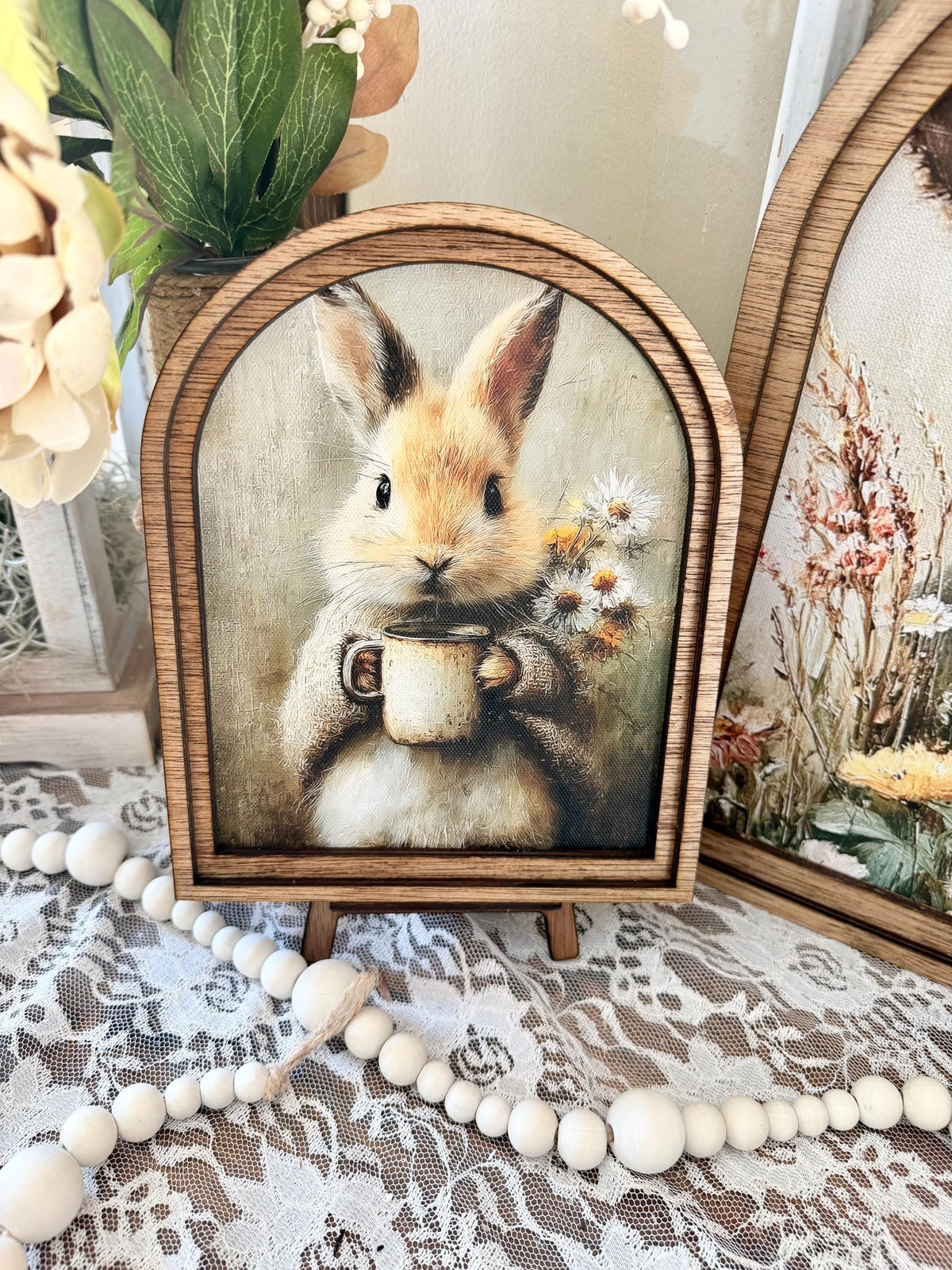 Rustic Bunny wood framed Canvas Sign | Arched Wood Frame | Farmhouse Spring Decor | Easter Coffee Shelf Sitter |