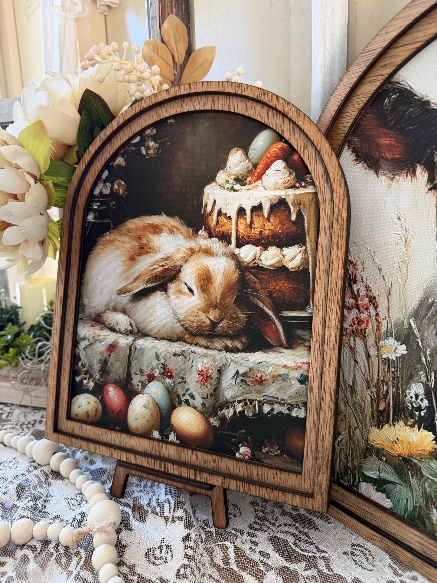 Easter Tabletop arch wood frame decor, Spring Bunny Farmhouse Kitchen Art, Hostess Gift