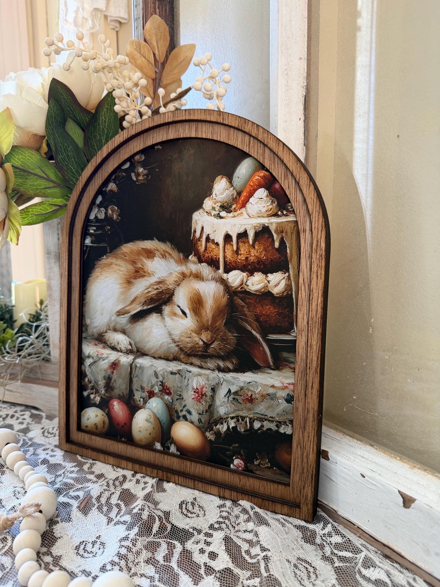 Easter Tabletop arch wood frame decor, Spring Bunny Farmhouse Kitchen Art, Hostess Gift