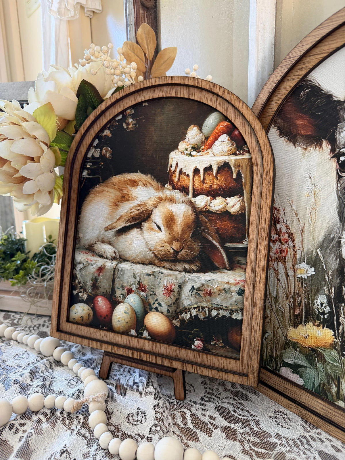 Easter Tabletop arch wood frame decor, Spring Bunny Farmhouse Kitchen Art, Hostess Gift